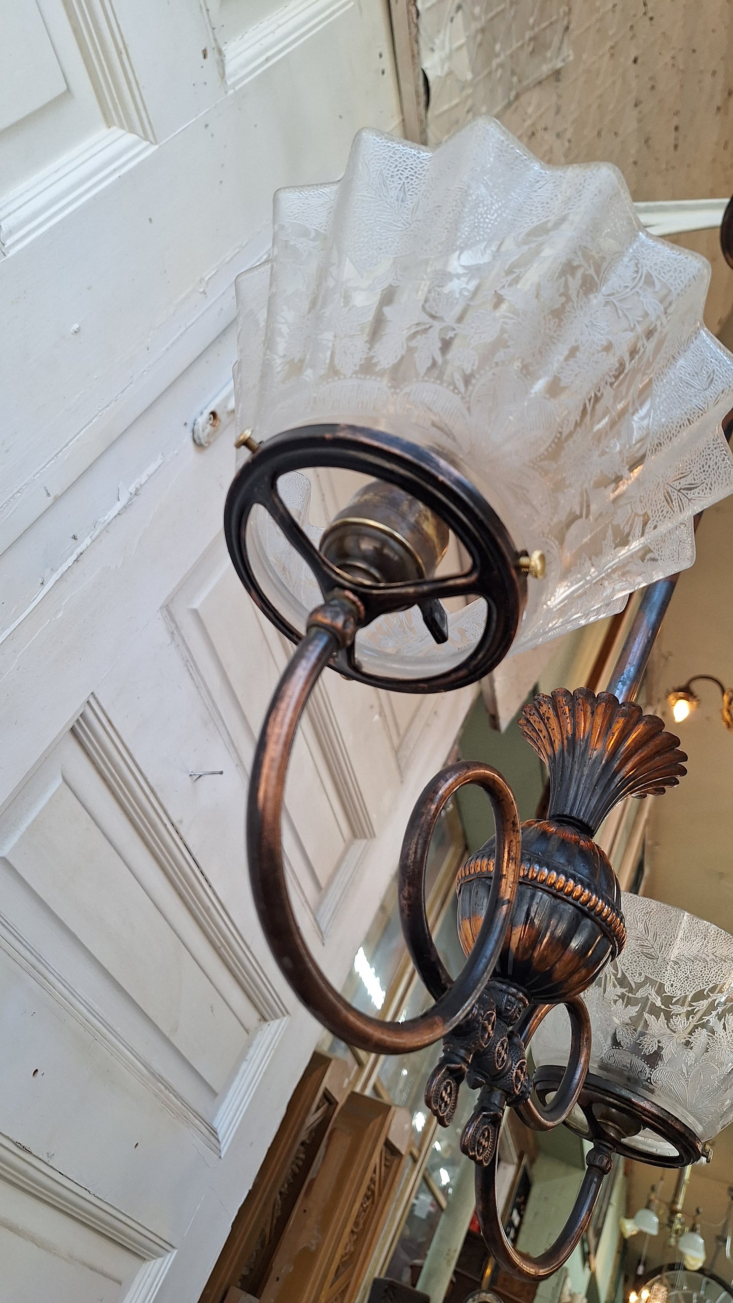 Looped Arm Brass Chandelier with Ruffled Glass Shades, Antique Ceiling Light from Victorian Home