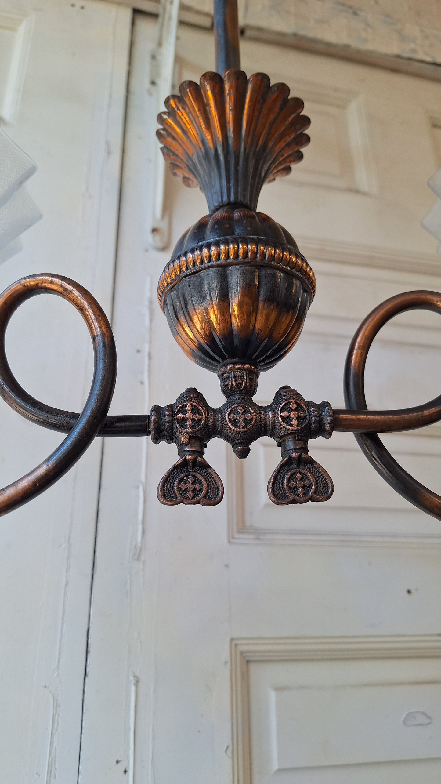 Looped Arm Brass Chandelier with Ruffled Glass Shades, Antique Ceiling Light from Victorian Home