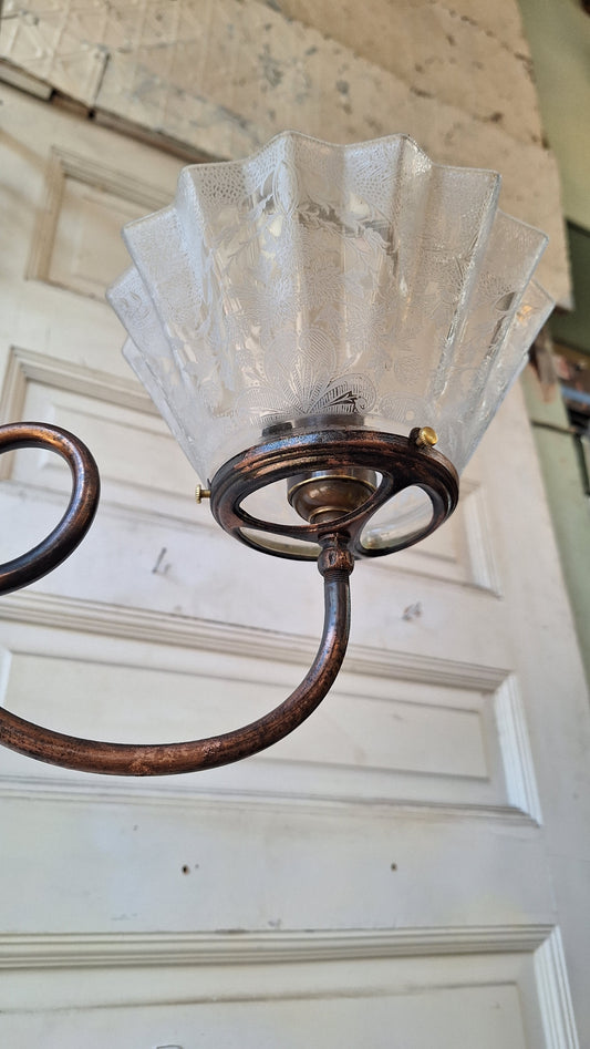 Looped Arm Brass Chandelier with Ruffled Glass Shades, Antique Ceiling Light from Victorian Home