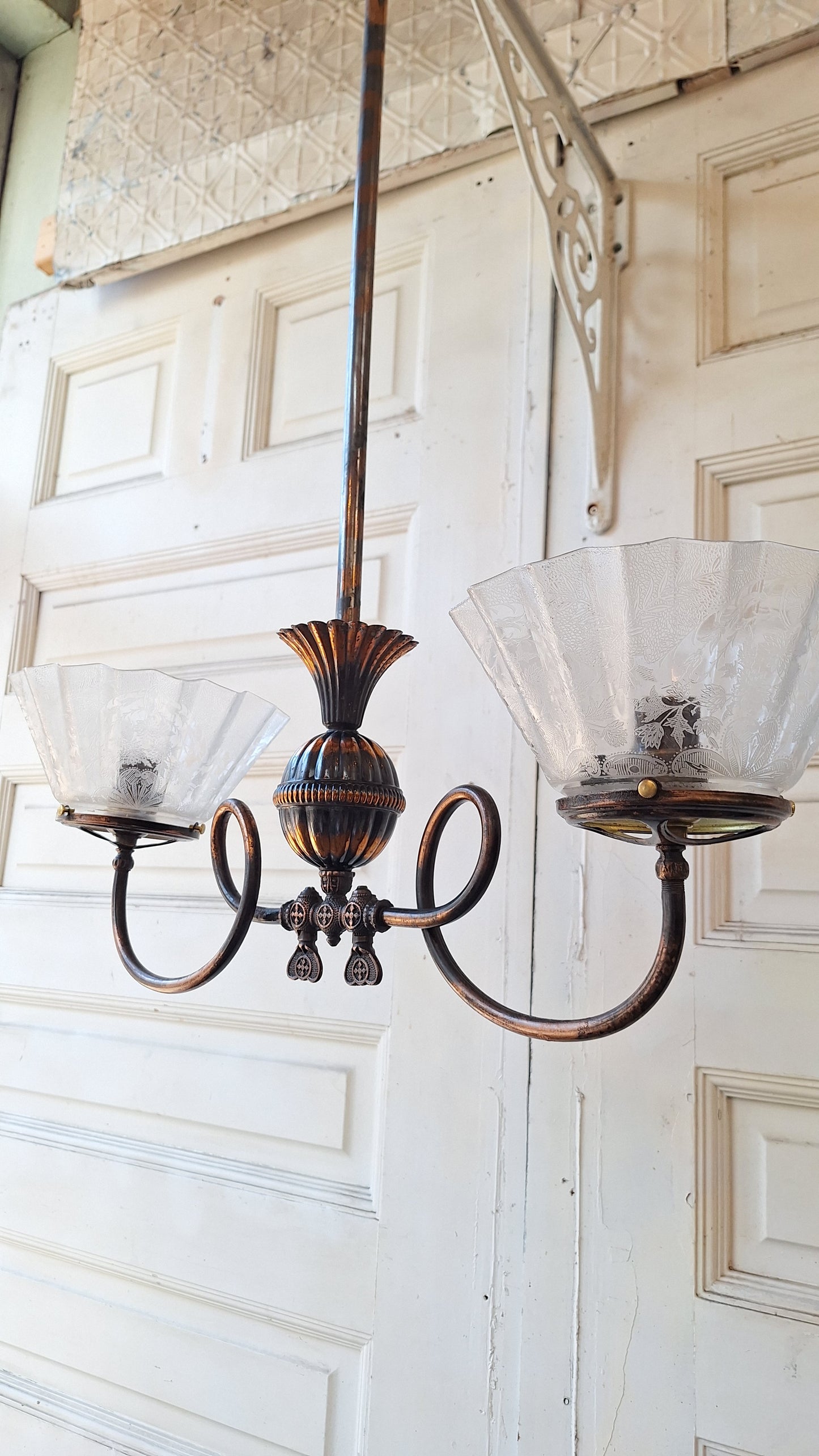 Looped Arm Brass Chandelier with Ruffled Glass Shades, Antique Ceiling Light from Victorian Home