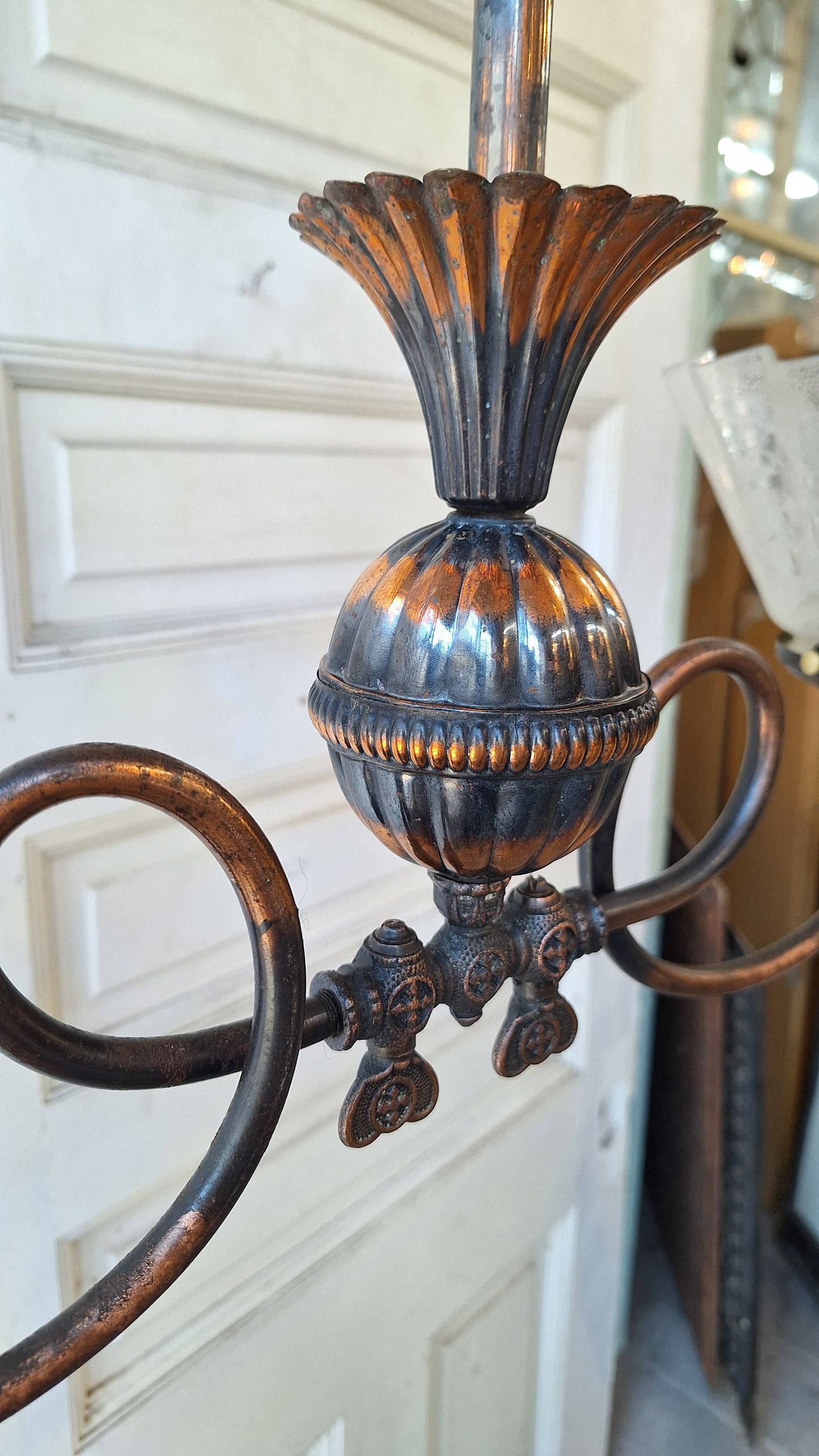 Looped Arm Brass Chandelier with Ruffled Glass Shades, Antique Ceiling Light from Victorian Home