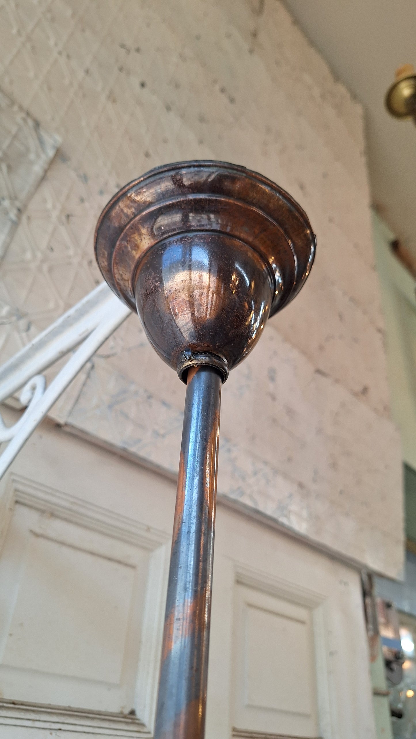 Looped Arm Brass Chandelier with Ruffled Glass Shades, Antique Ceiling Light from Victorian Home