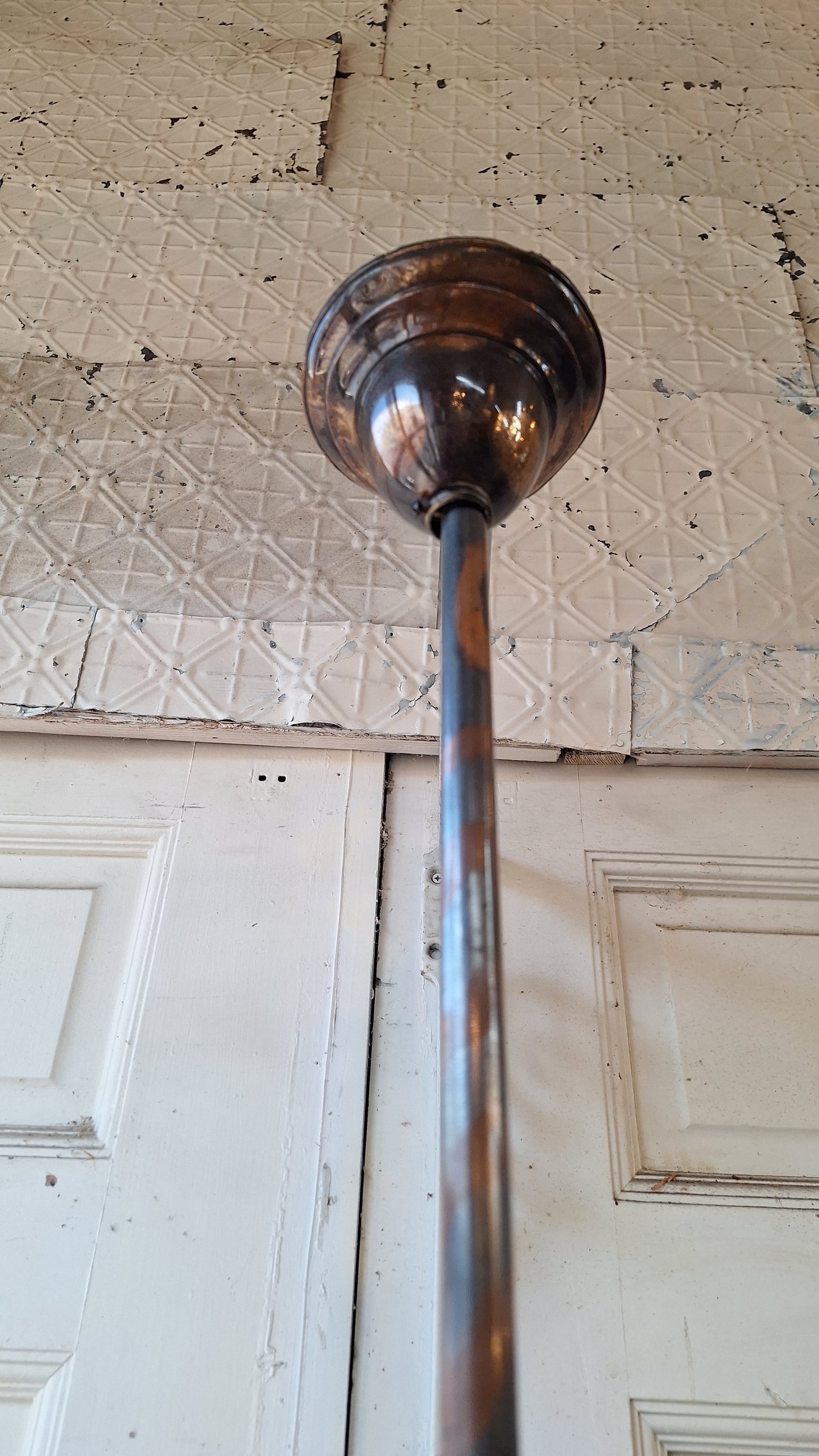 Looped Arm Brass Chandelier with Ruffled Glass Shades, Antique Ceiling Light from Victorian Home