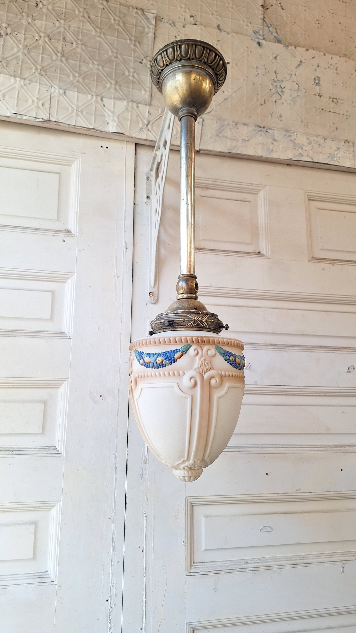 Antique Pendant Porch Light, Acorn Shade Hand Painted Light Fixture