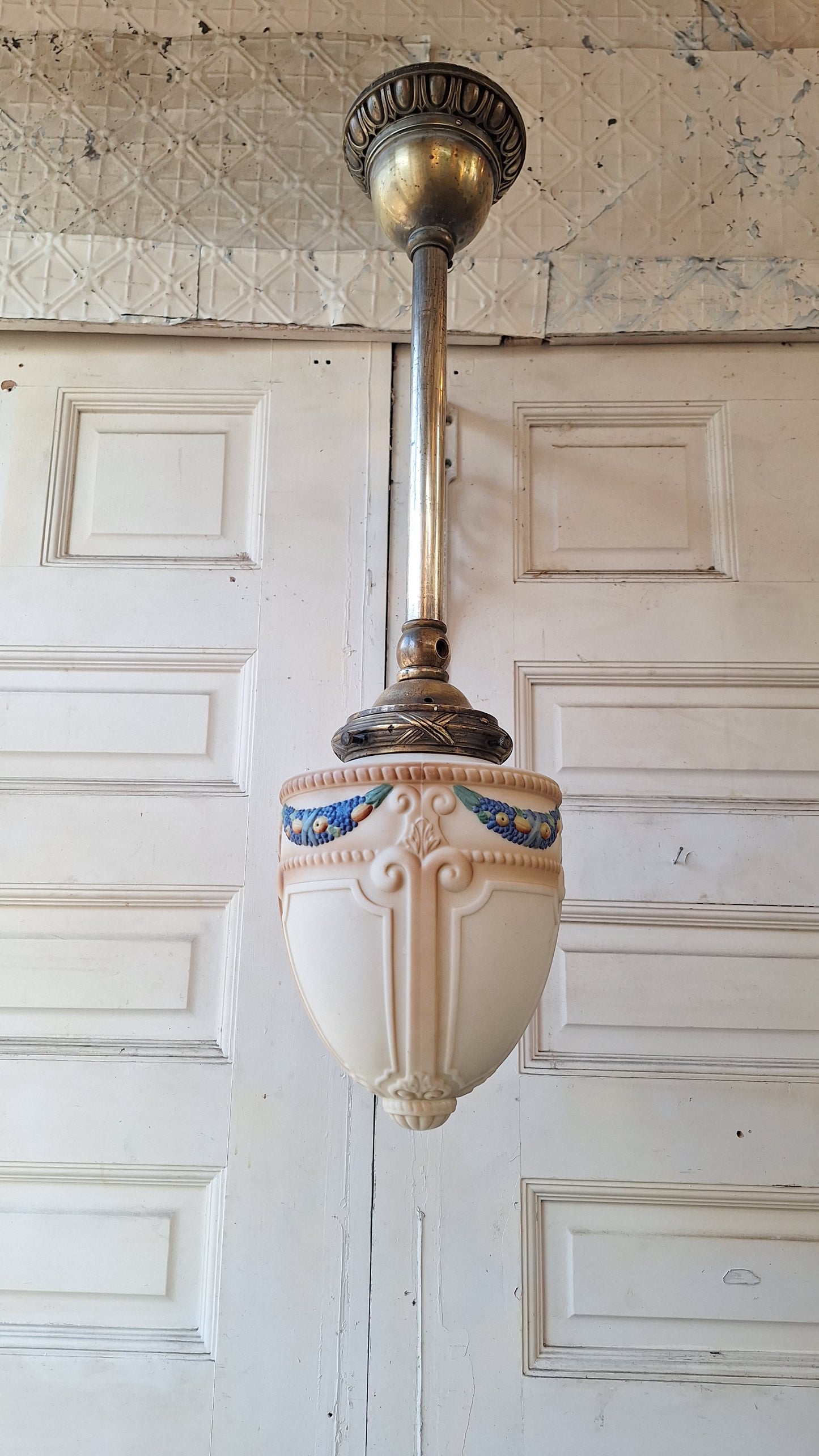 Antique Pendant Porch Light, Acorn Shade Hand Painted Light Fixture