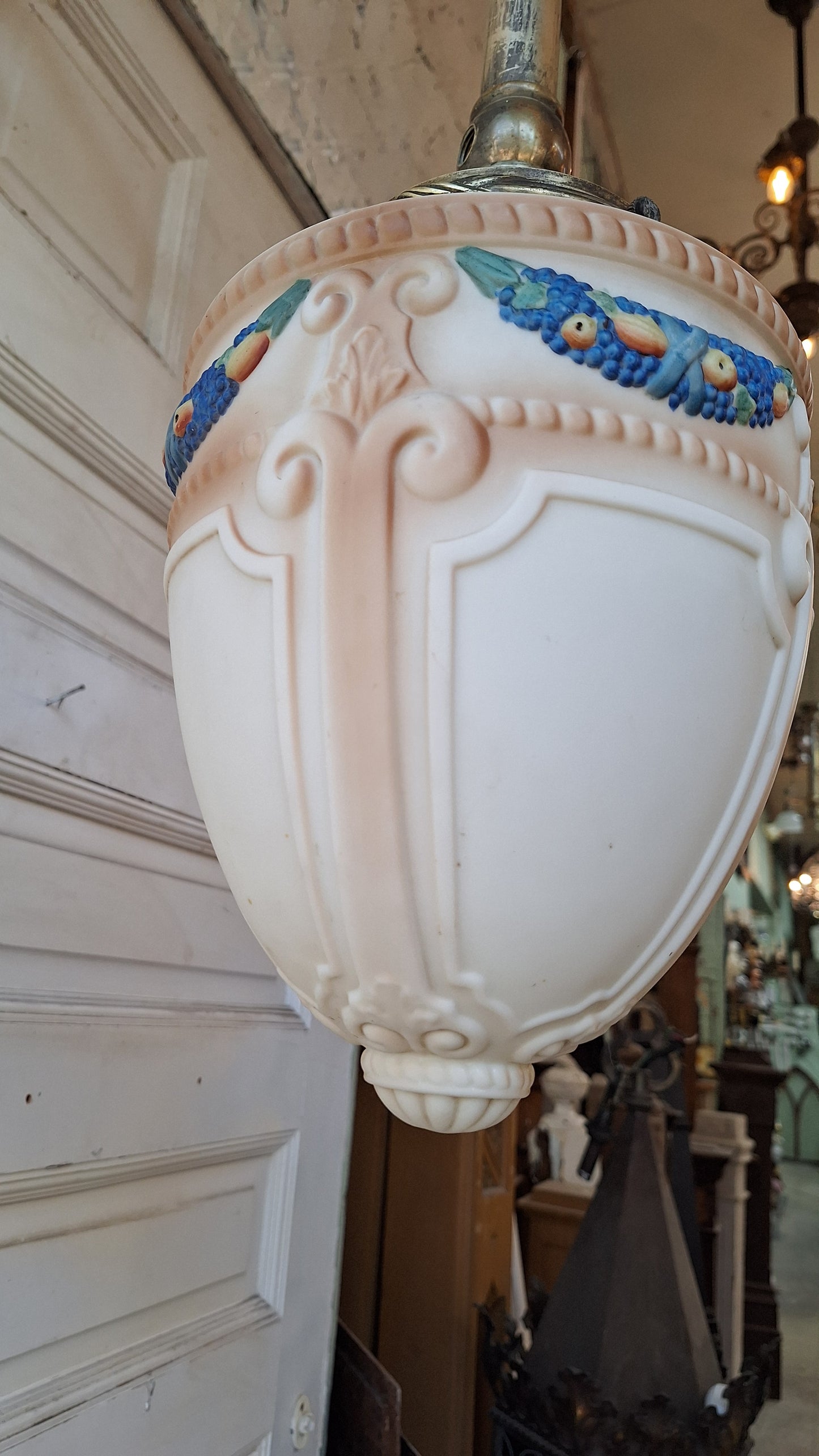 Antique Pendant Porch Light, Acorn Shade Hand Painted Light Fixture
