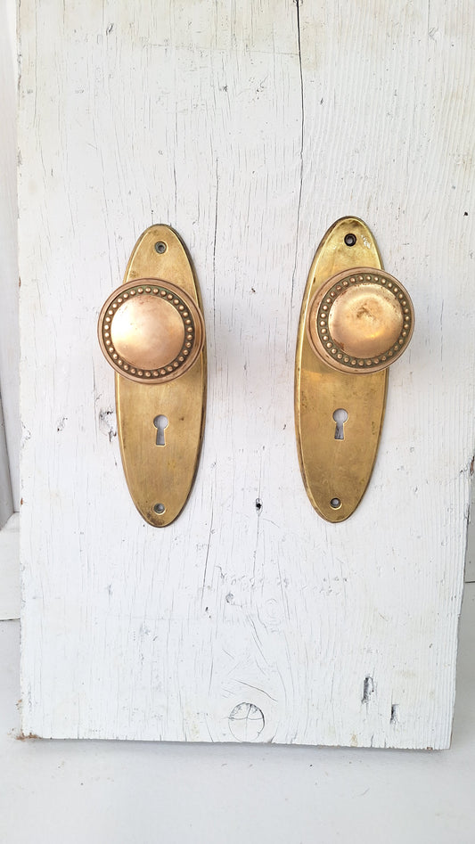 Set of Beaded Edge Doorknobs and Plates, Antique Brass Door Hardware Set