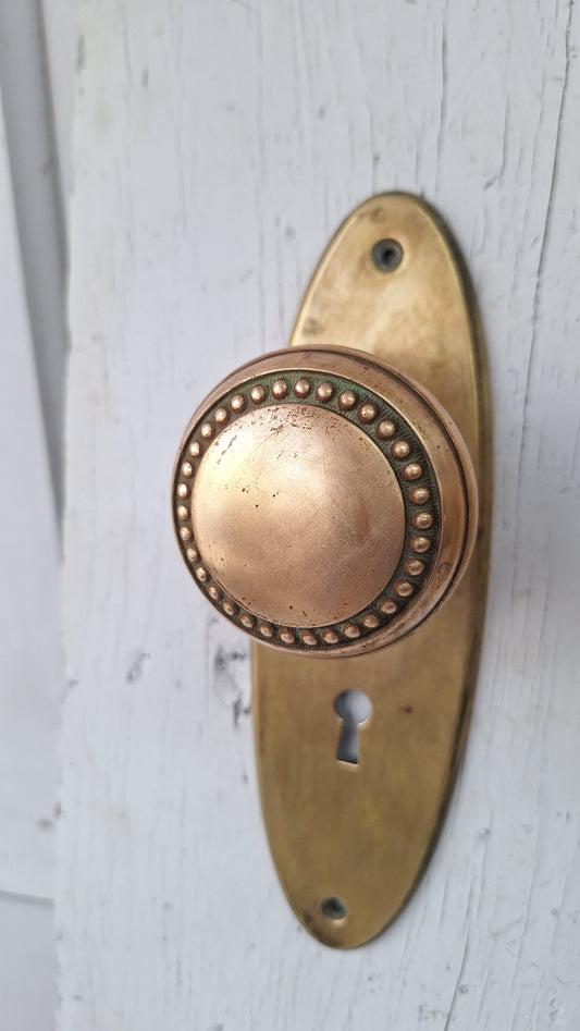 Set of Beaded Edge Doorknobs and Plates, Antique Brass Door Hardware Set