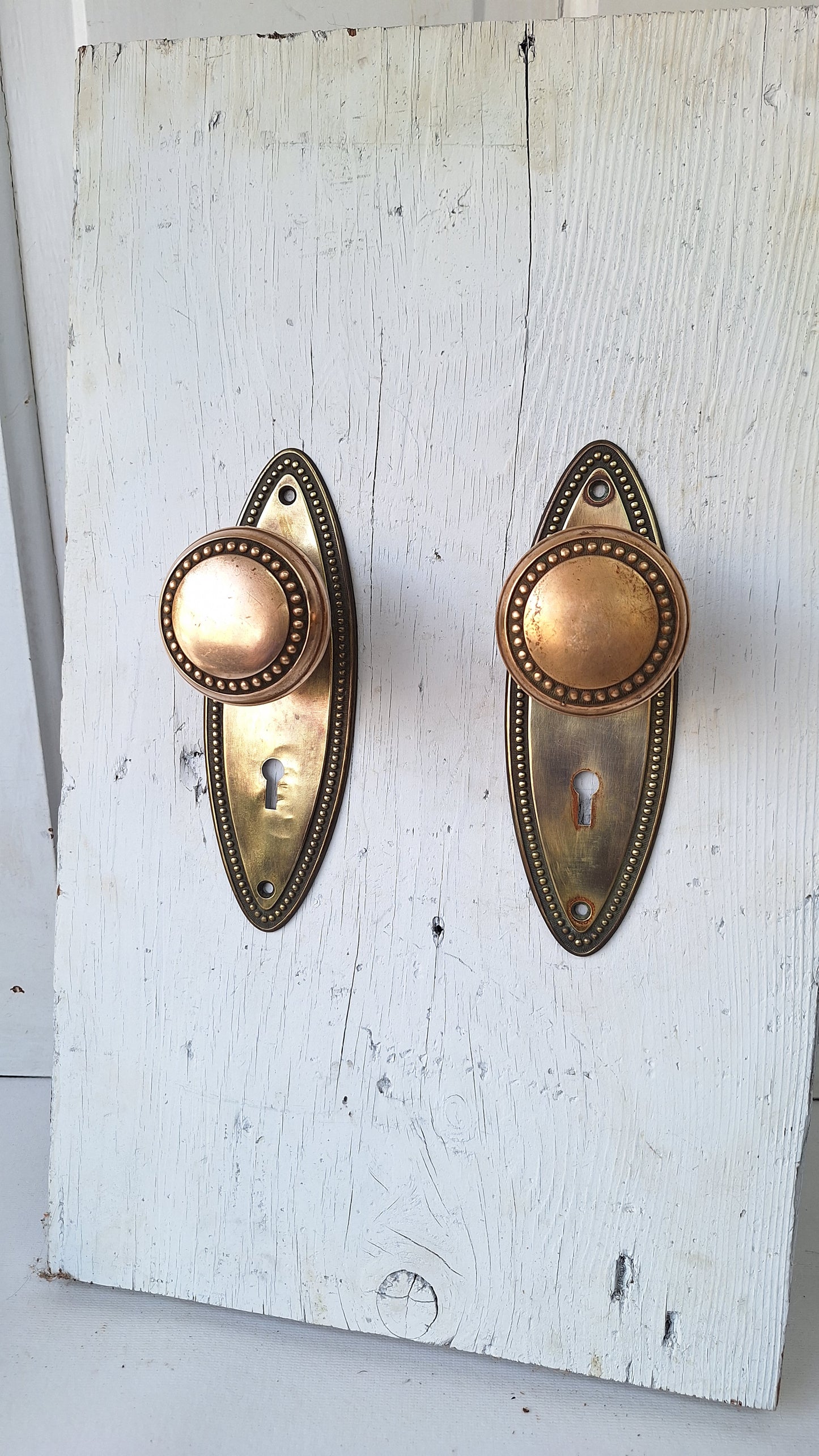 Set of Beaded Edge Doorknobs and Plates, Antique Brass Door Hardware Set