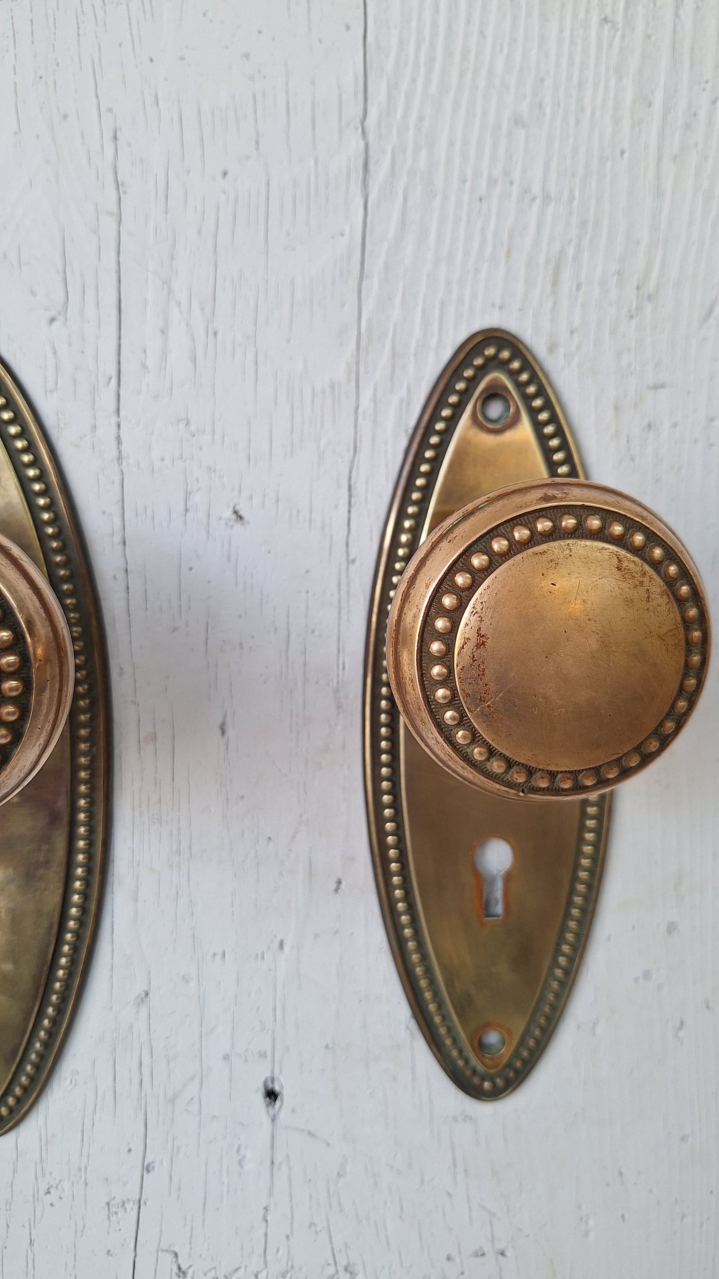 Set of Beaded Edge Doorknobs and Plates, Antique Brass Door Hardware Set