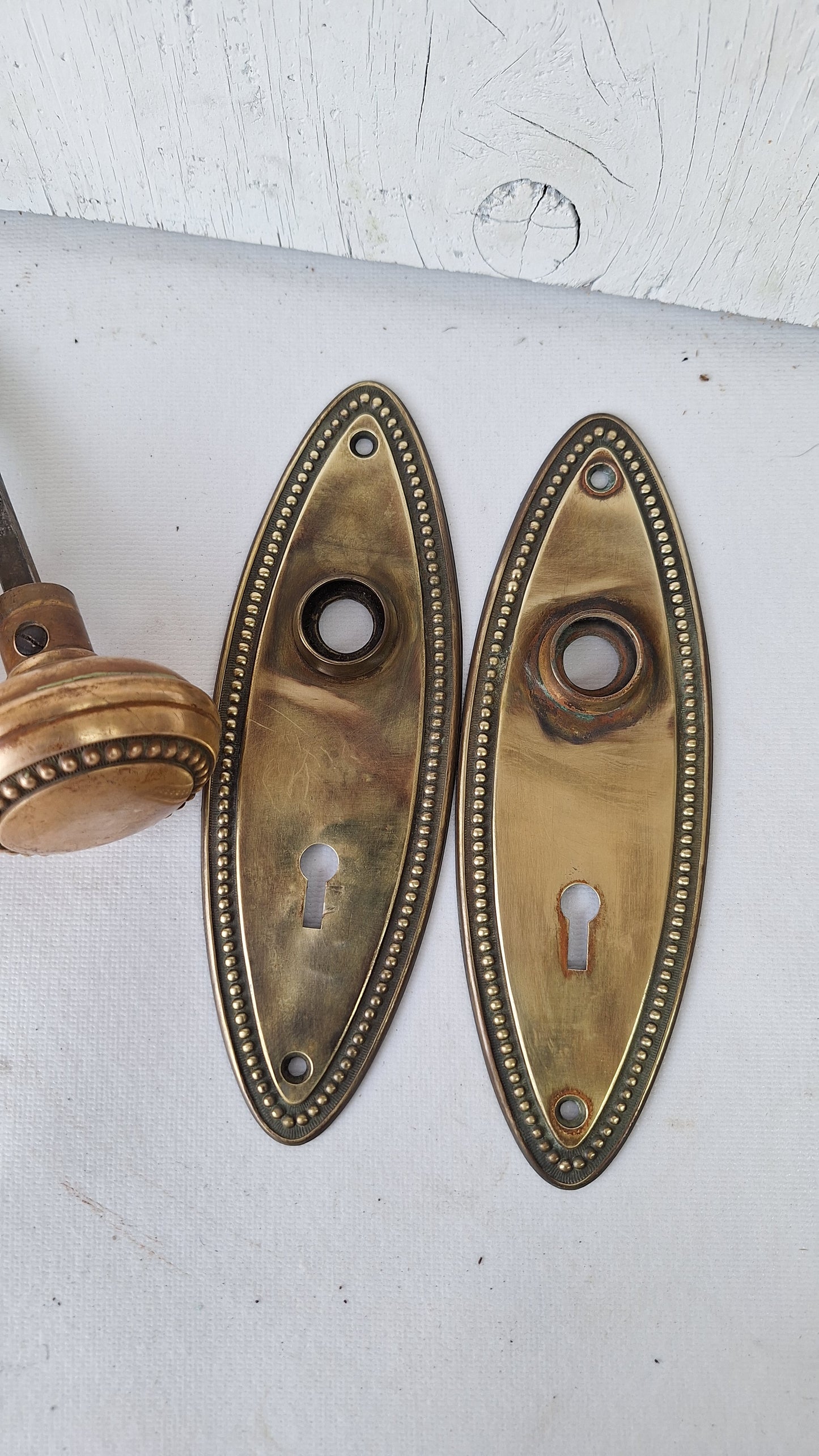 Set of Beaded Edge Doorknobs and Plates, Antique Brass Door Hardware Set