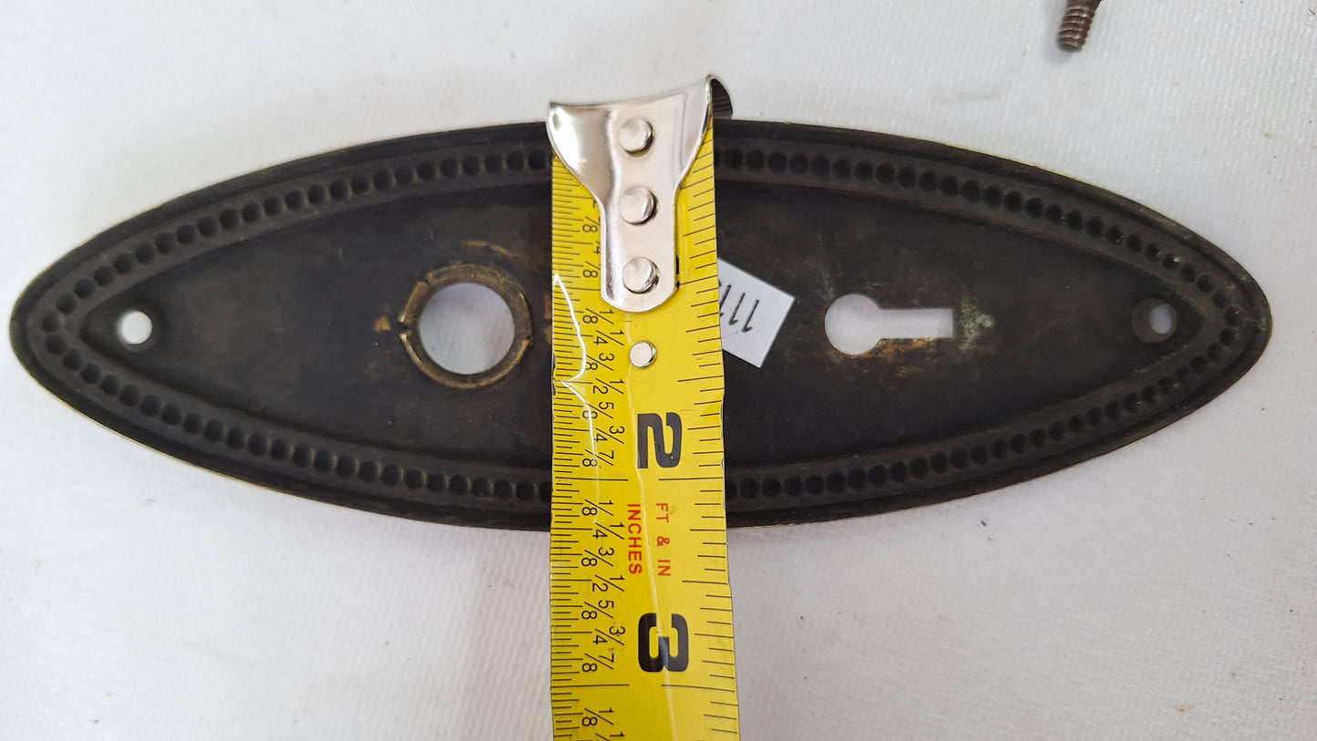 Set of Beaded Edge Doorknobs and Plates, Antique Brass Door Hardware Set