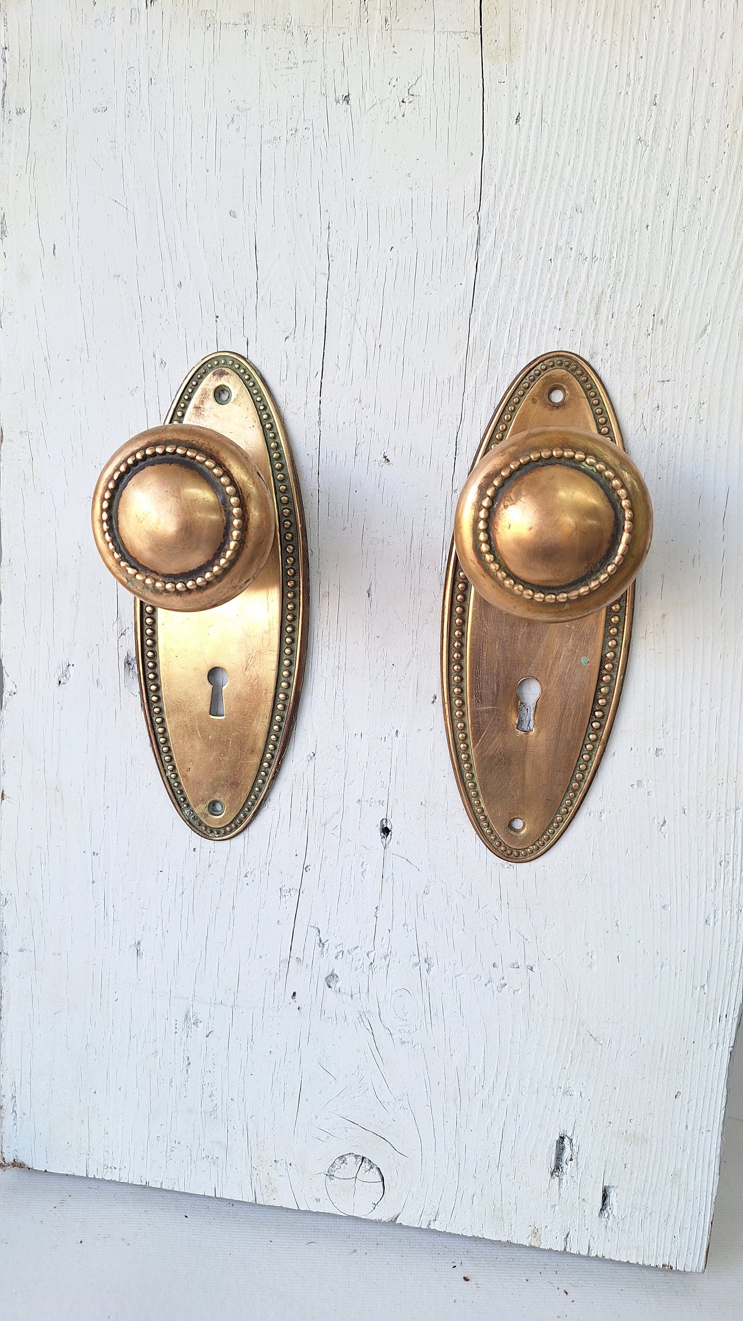 Set of Oval Brass Doorknobs and Plates, Antique Door Hardware Set