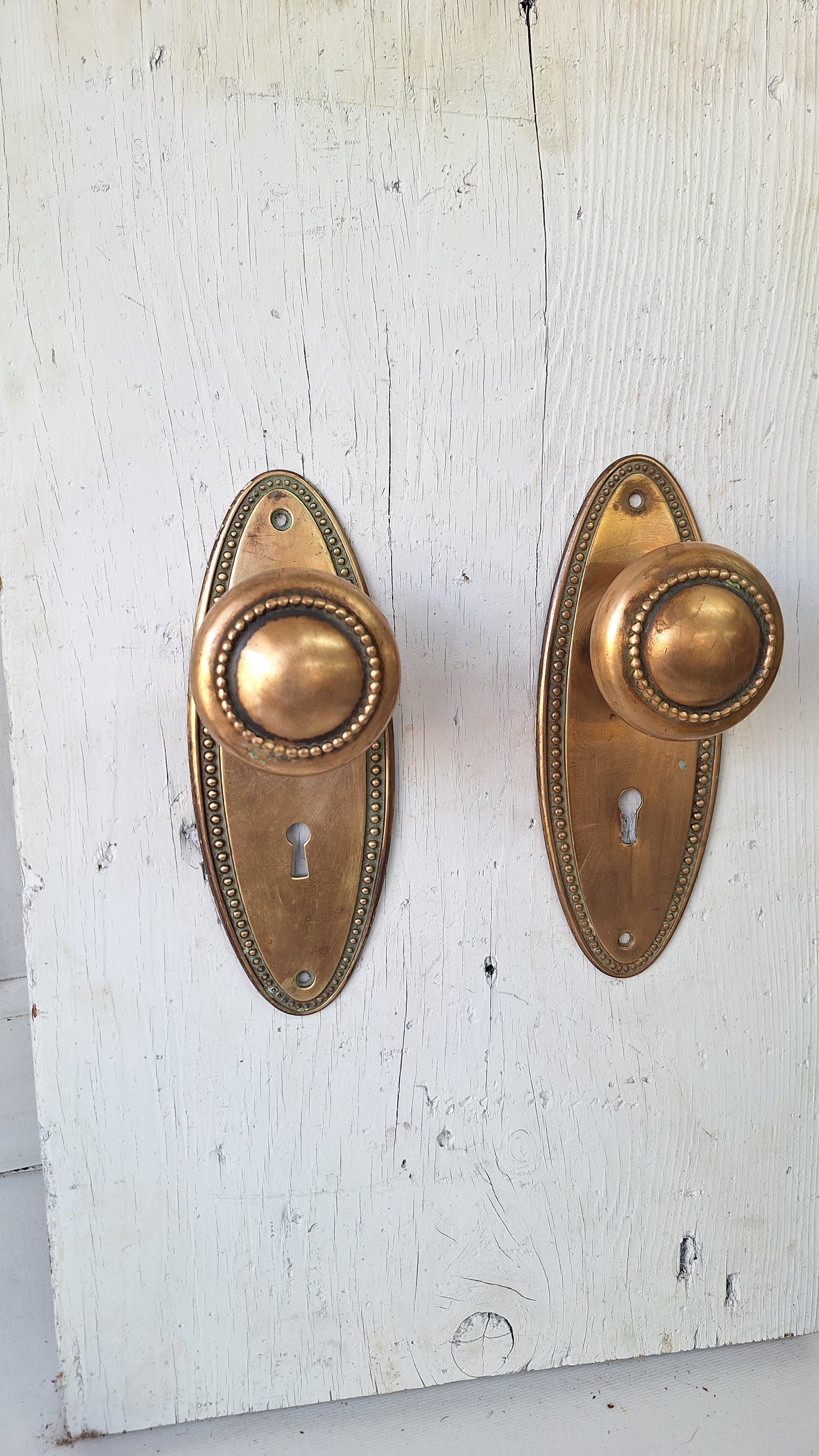 Set of Oval Brass Doorknobs and Plates, Antique Door Hardware Set