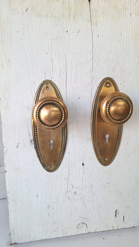 Set of Oval Brass Doorknobs and Plates, Antique Door Hardware Set