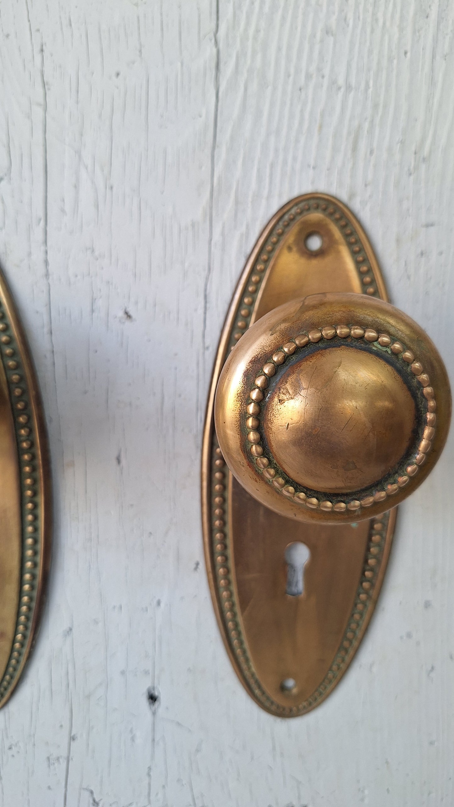 Set of Oval Brass Doorknobs and Plates, Antique Door Hardware Set