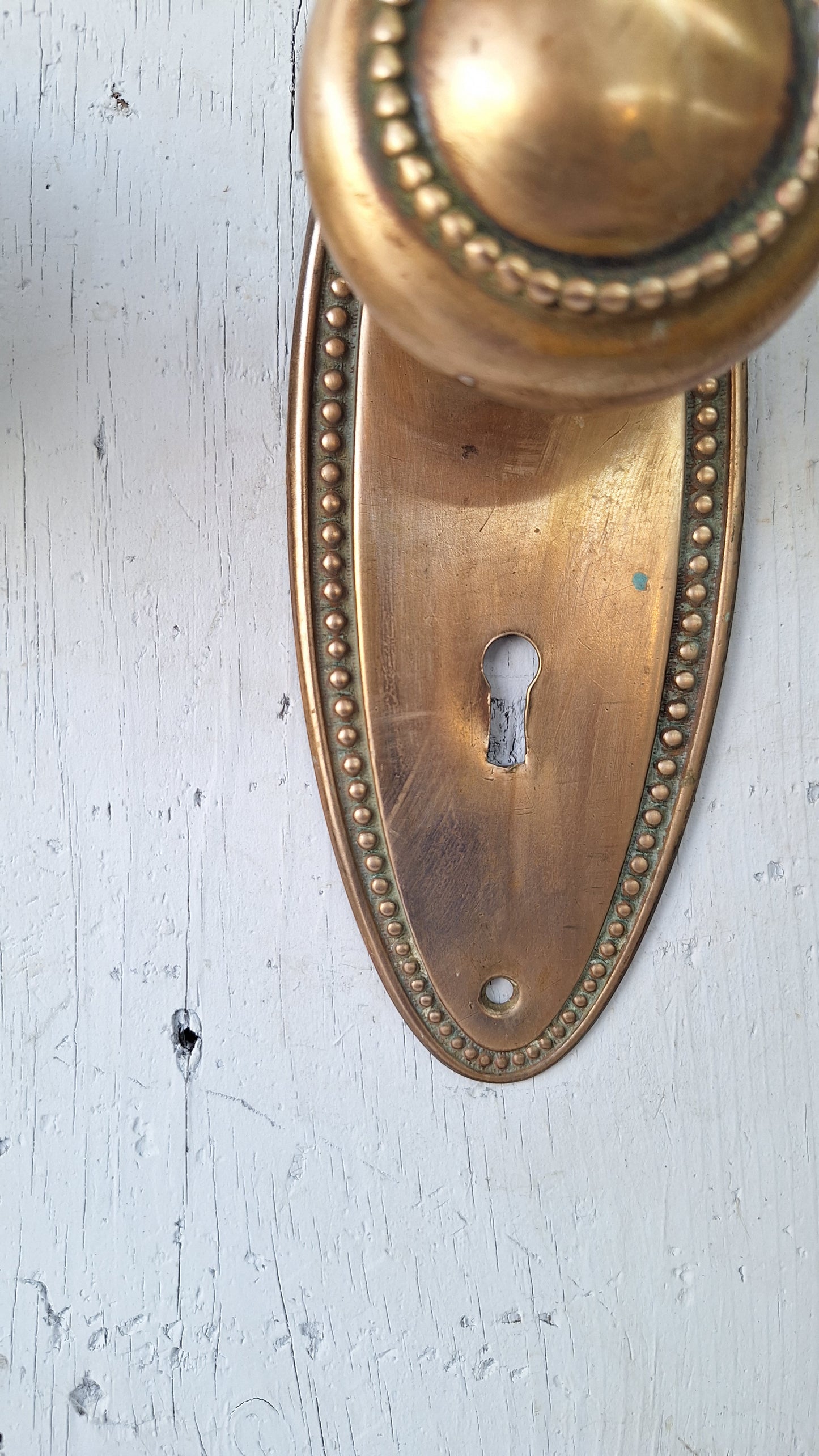 Set of Oval Brass Doorknobs and Plates, Antique Door Hardware Set