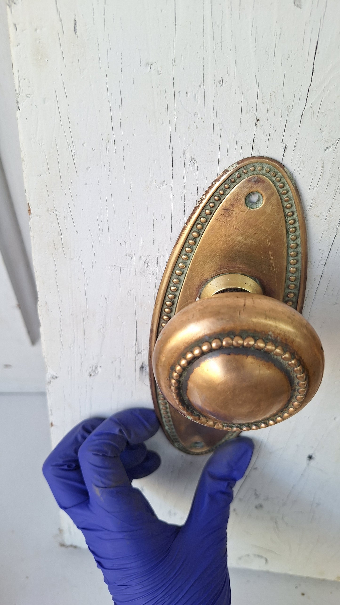 Set of Oval Brass Doorknobs and Plates, Antique Door Hardware Set