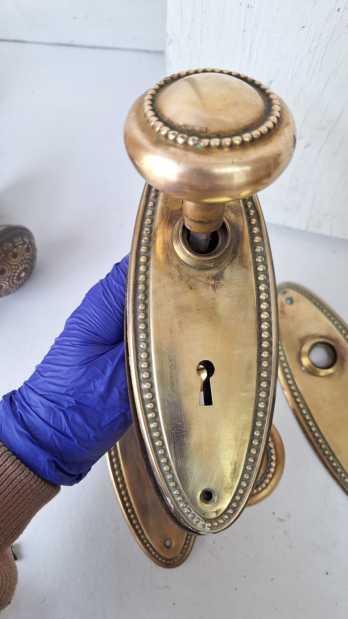 Set of Oval Brass Doorknobs and Plates, Antique Door Hardware Set