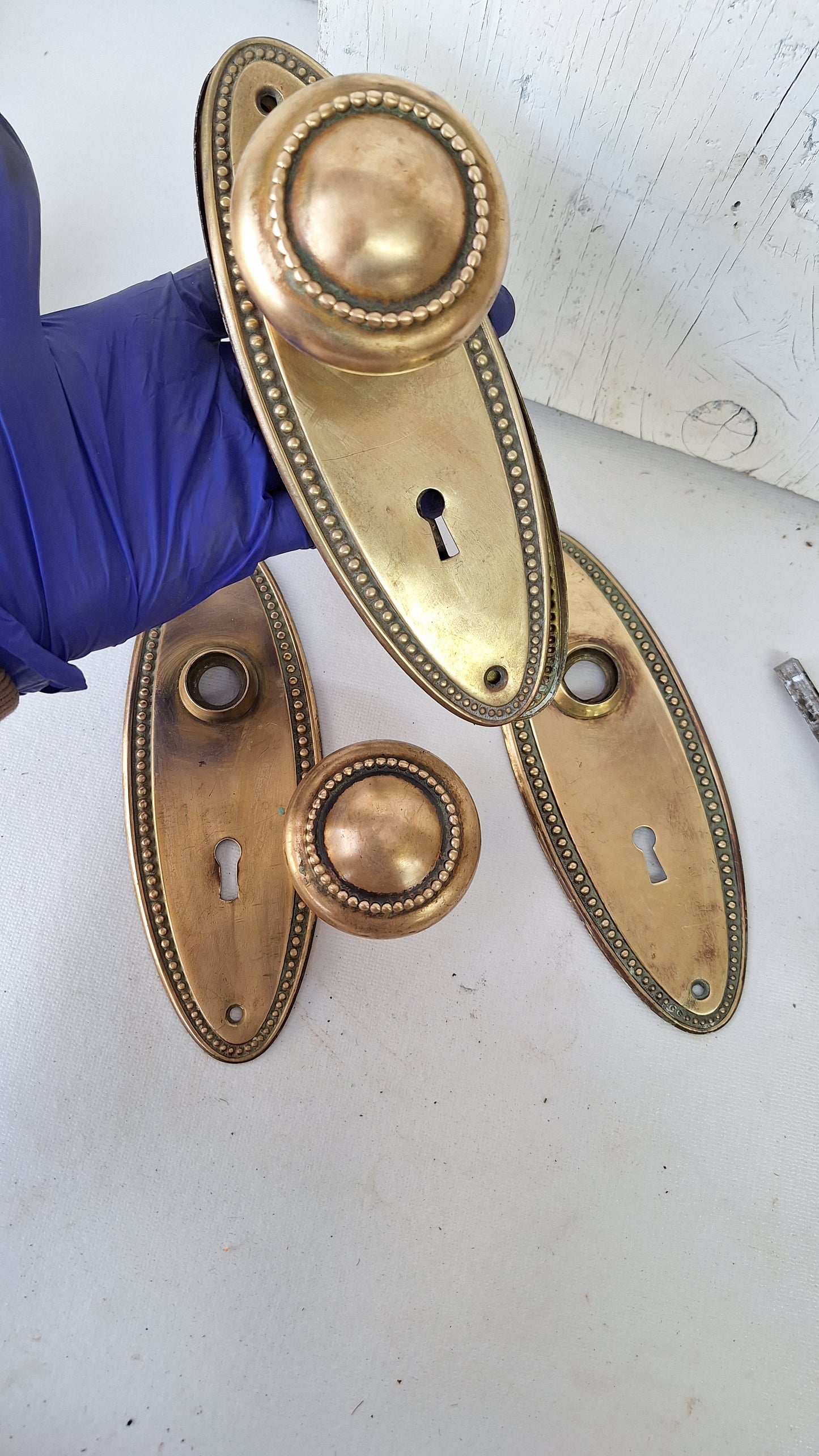 Set of Oval Brass Doorknobs and Plates, Antique Door Hardware Set