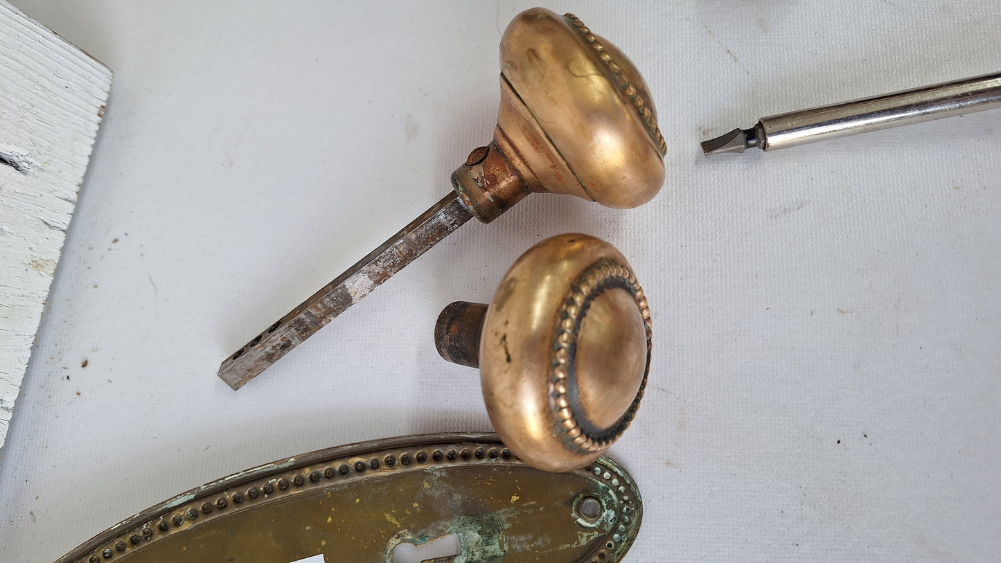 Set of Oval Brass Doorknobs and Plates, Antique Door Hardware Set