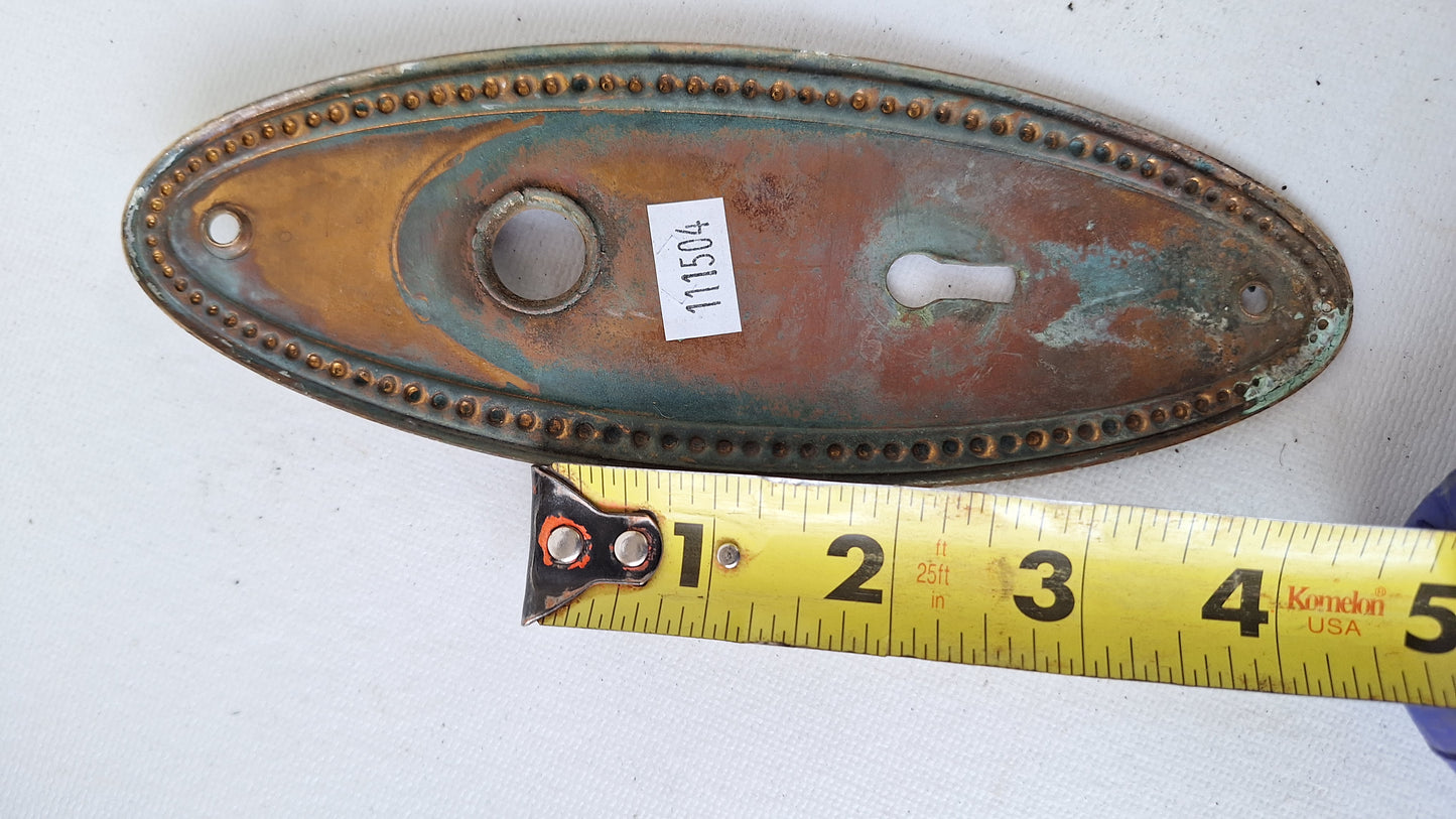 Set of Oval Brass Doorknobs and Plates, Antique Door Hardware Set