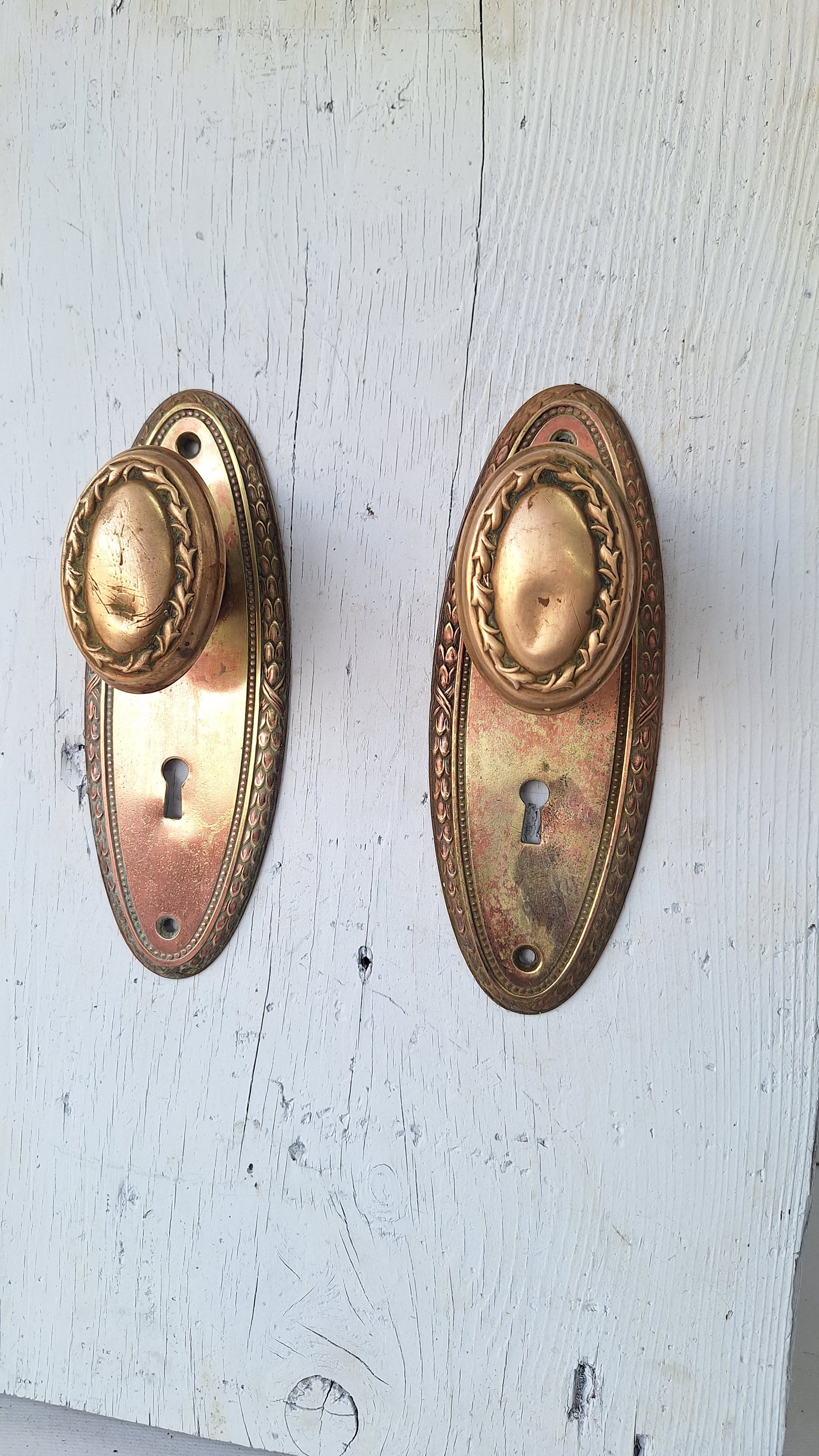 Fancy Oval Brass Doorknobs and Plates, Antique Door Hardware Set