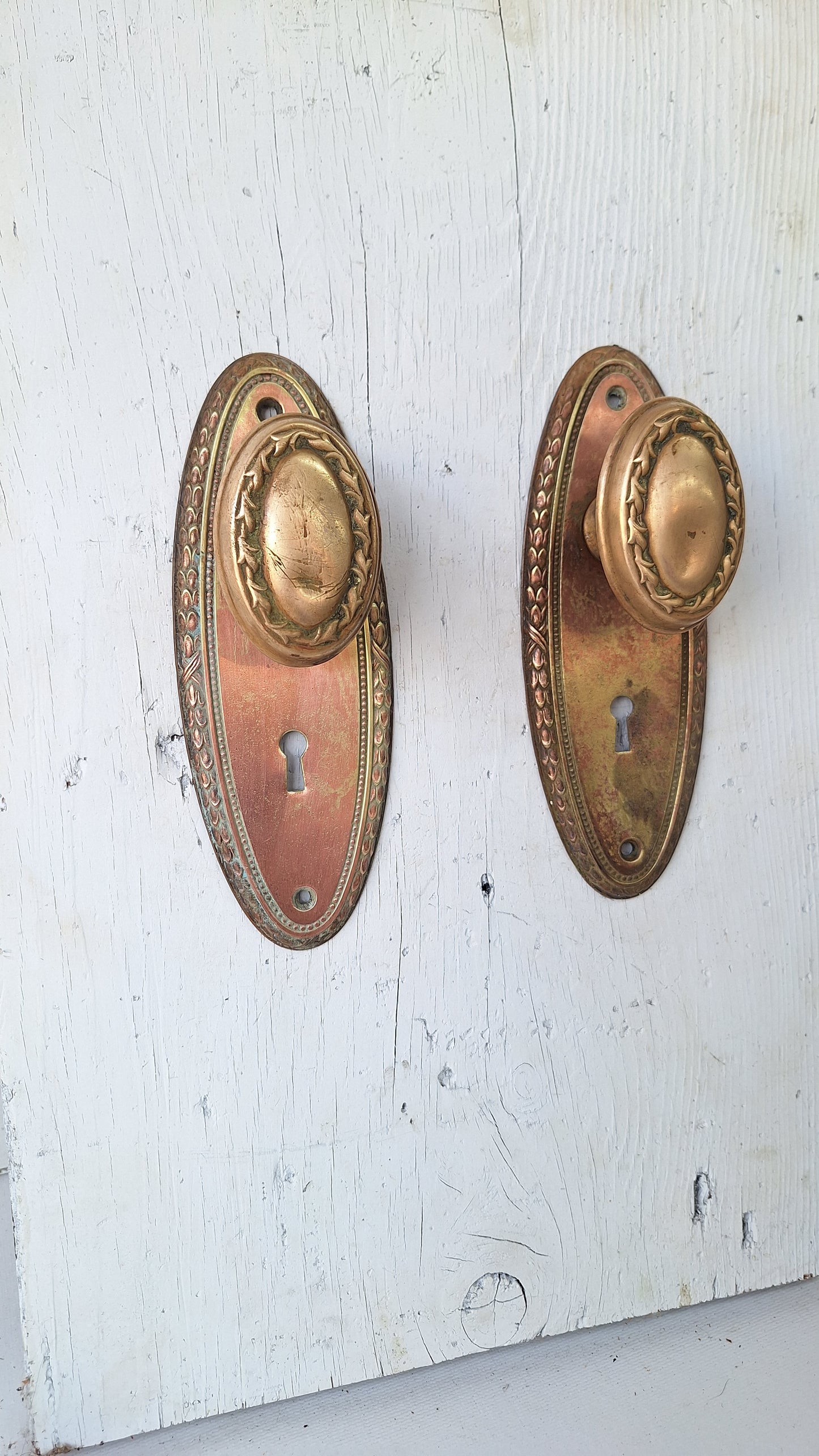 Fancy Oval Brass Doorknobs and Plates, Antique Door Hardware Set