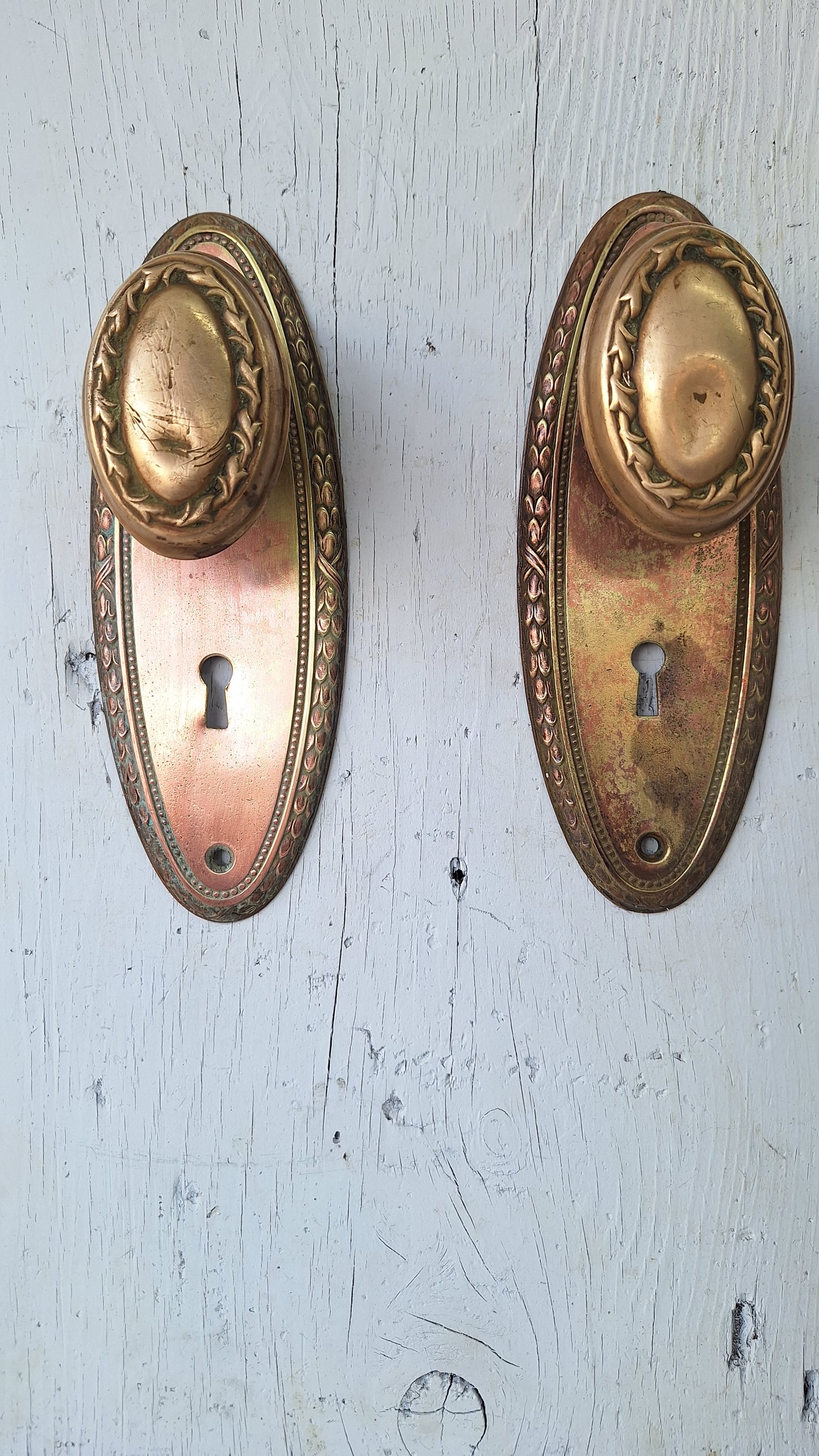Fancy Oval Brass Doorknobs and Plates, Antique Door Hardware Set
