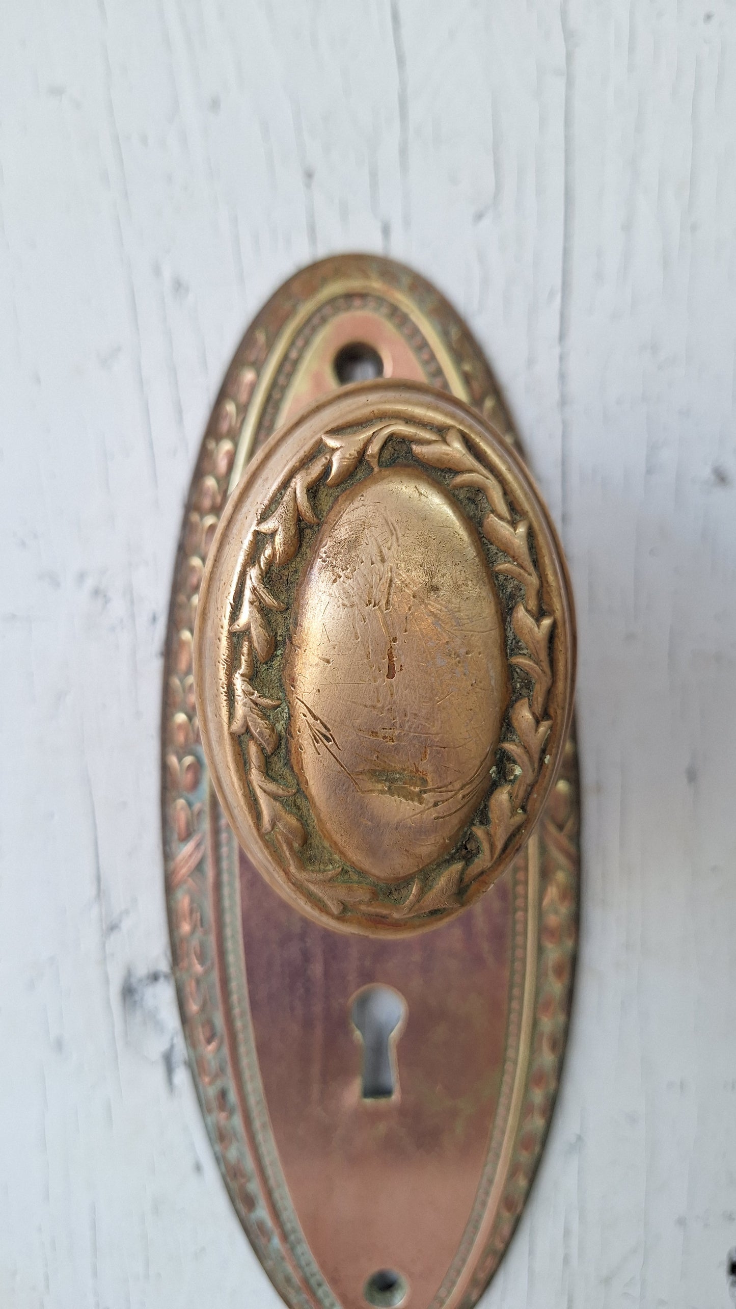Fancy Oval Brass Doorknobs and Plates, Antique Door Hardware Set