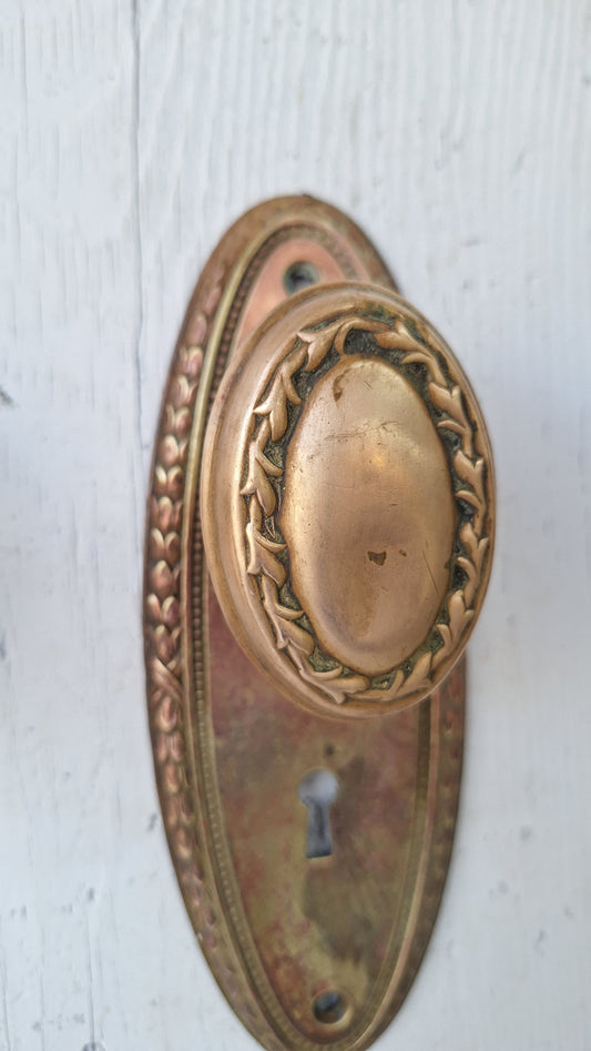 Fancy Oval Brass Doorknobs and Plates, Antique Door Hardware Set