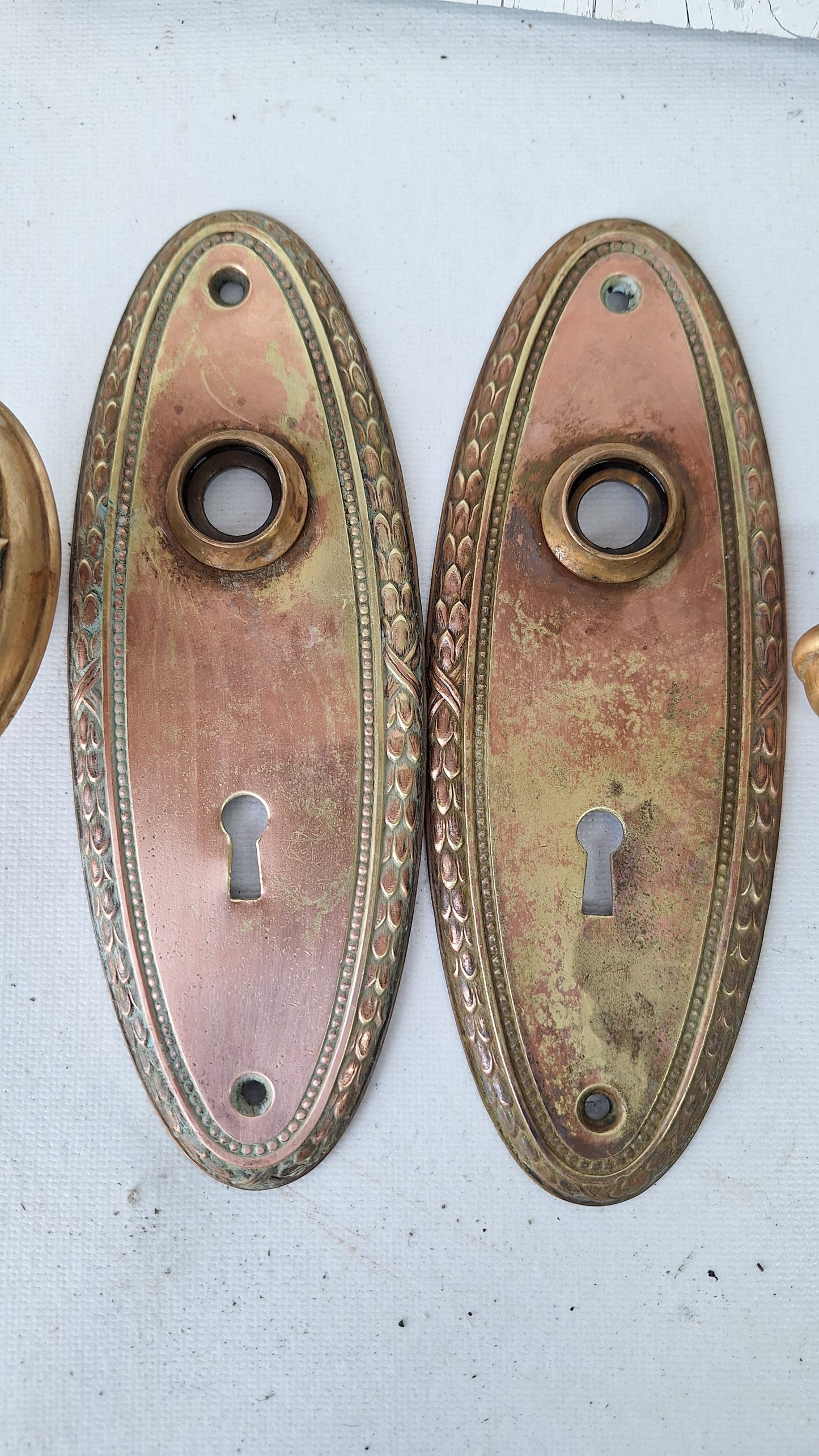 Fancy Oval Brass Doorknobs and Plates, Antique Door Hardware Set