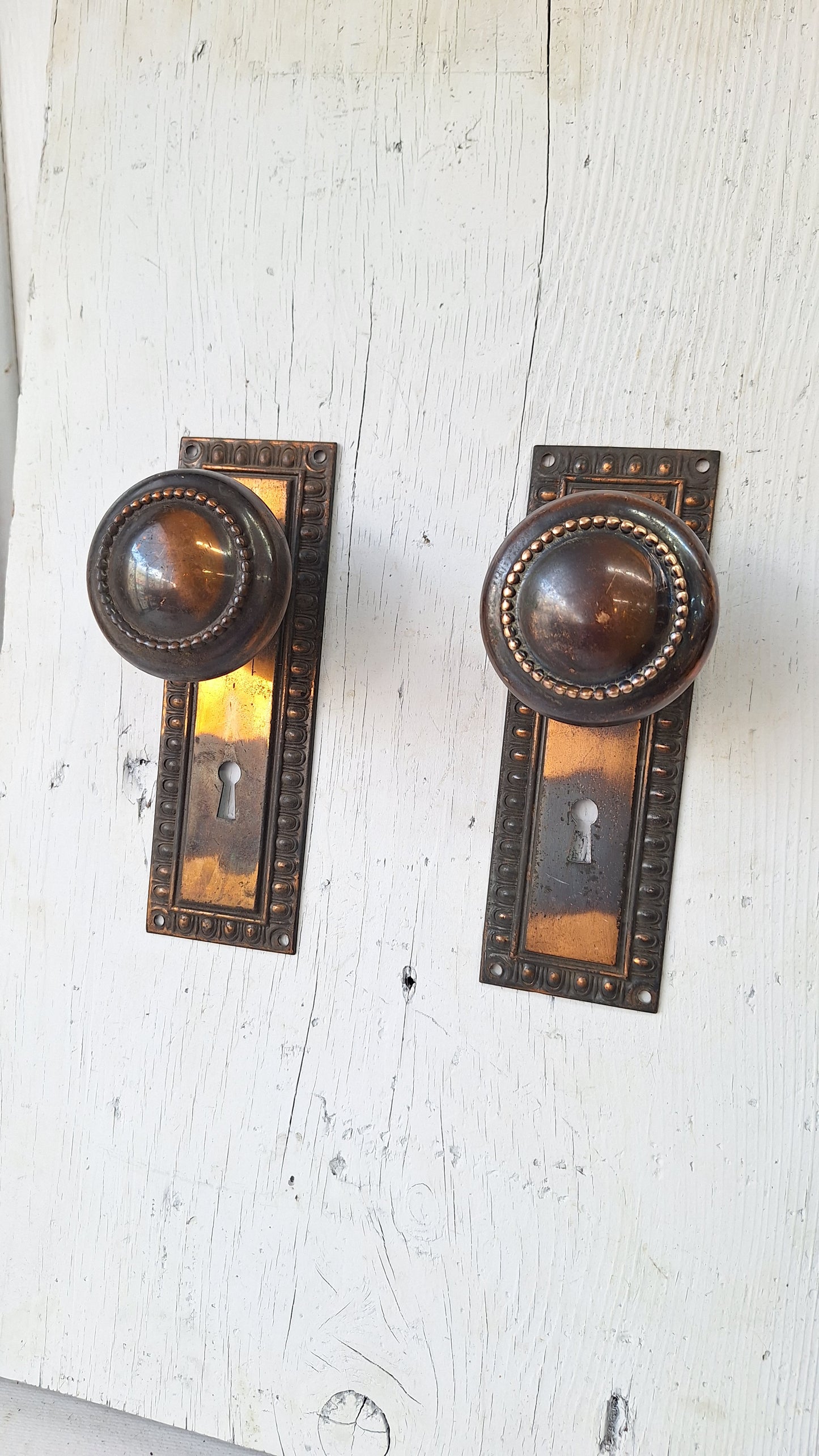 Japanned Brass Door Knobs and Backplates, Antique Copper Finish Doorknobs and Escutcheons