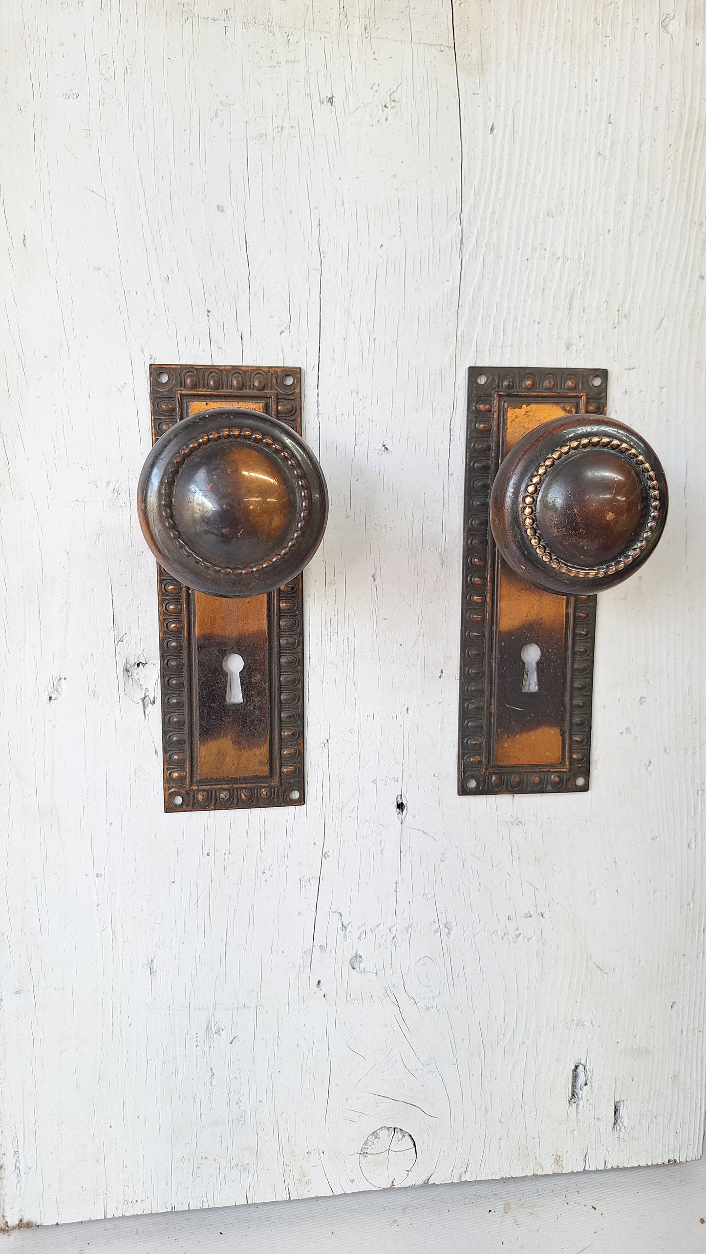 Japanned Brass Door Knobs and Backplates, Antique Copper Finish Doorknobs and Escutcheons