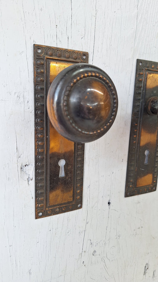 Japanned Brass Door Knobs and Backplates, Antique Copper Finish Doorknobs and Escutcheons