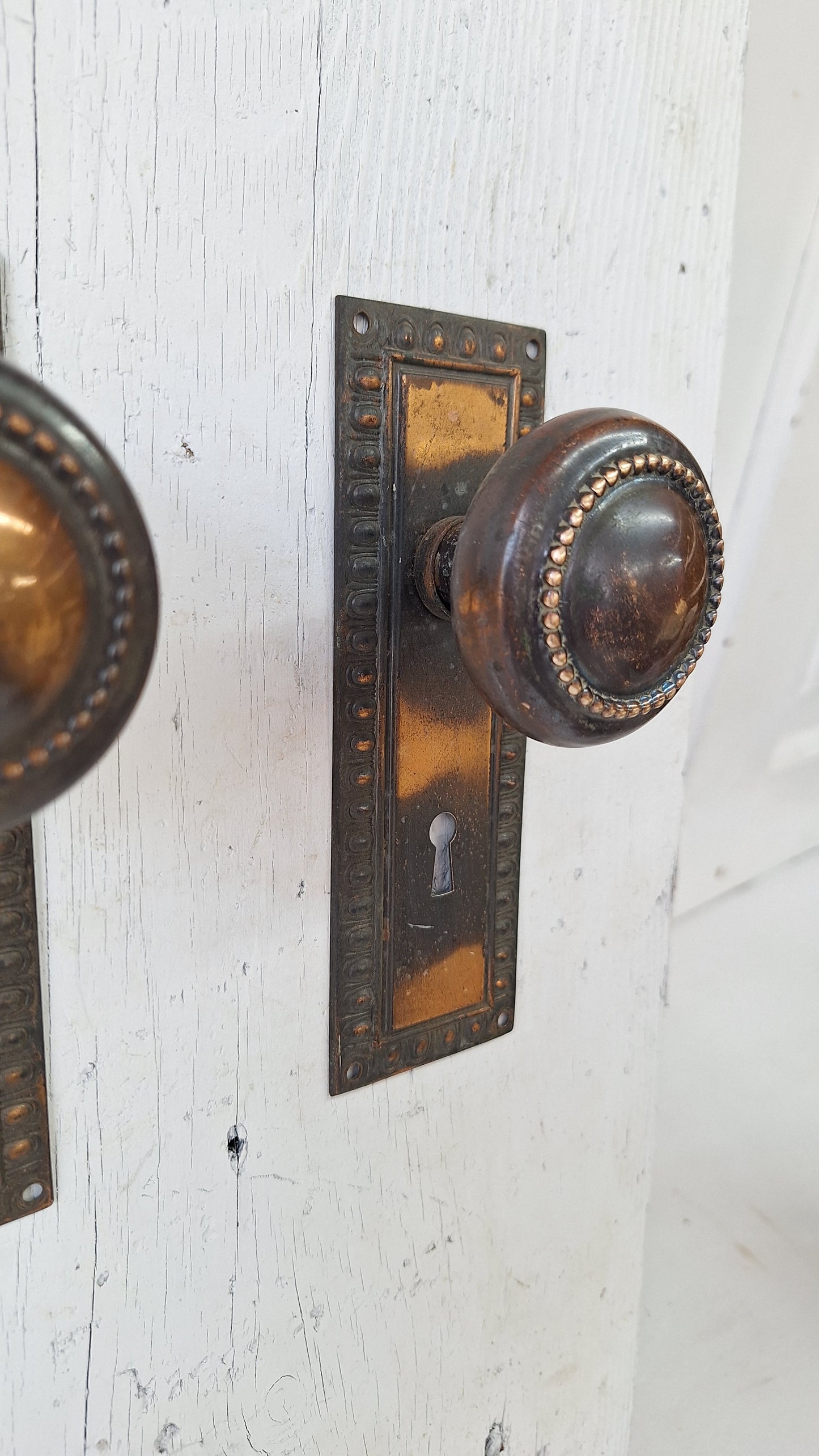 Japanned Brass Door Knobs and Backplates, Antique Copper Finish Doorknobs and Escutcheons