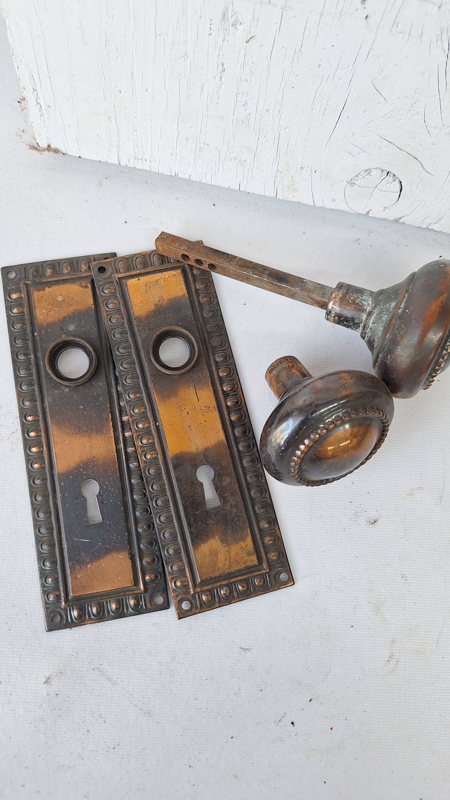 Japanned Brass Door Knobs and Backplates, Antique Copper Finish Doorknobs and Escutcheons