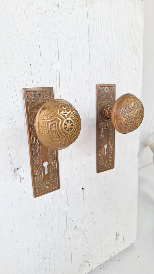 Corbin Ceylon Pattern Antique Door Hardware Set, Victorian Eastlake Doorknobs and Plates
