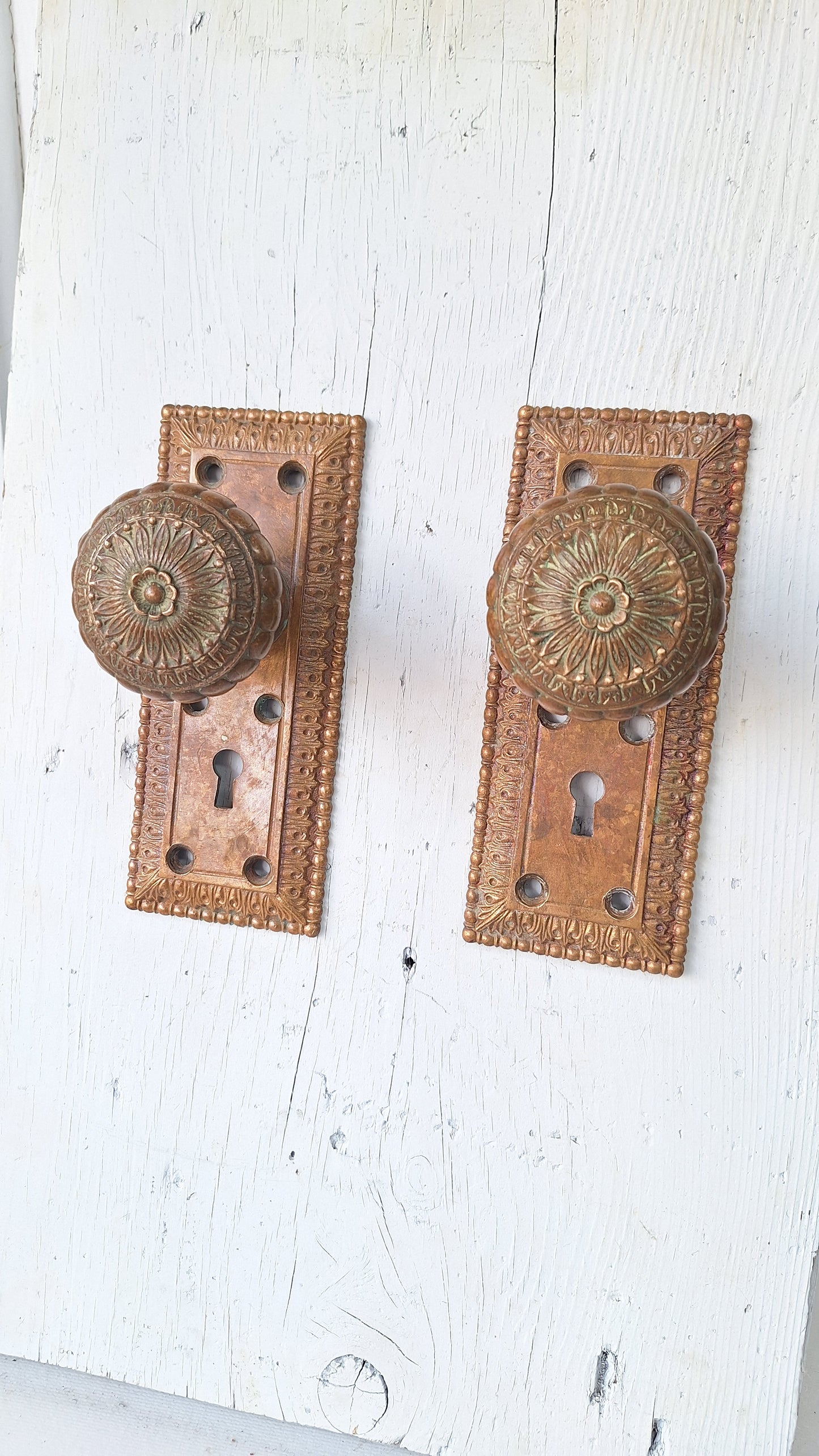 Cast Bronze Flower Doorknob and Plate Set, Ornate Antique Door Hardware