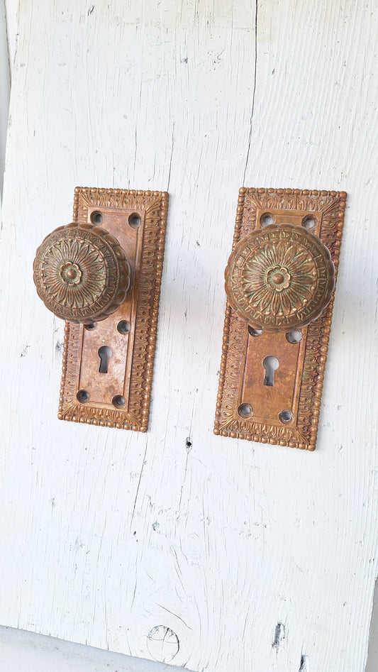 Cast Bronze Flower Doorknob and Plate Set, Ornate Antique Door Hardware