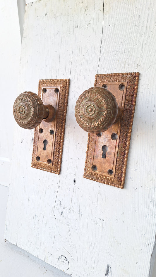 Cast Bronze Flower Doorknob and Plate Set, Ornate Antique Door Hardware