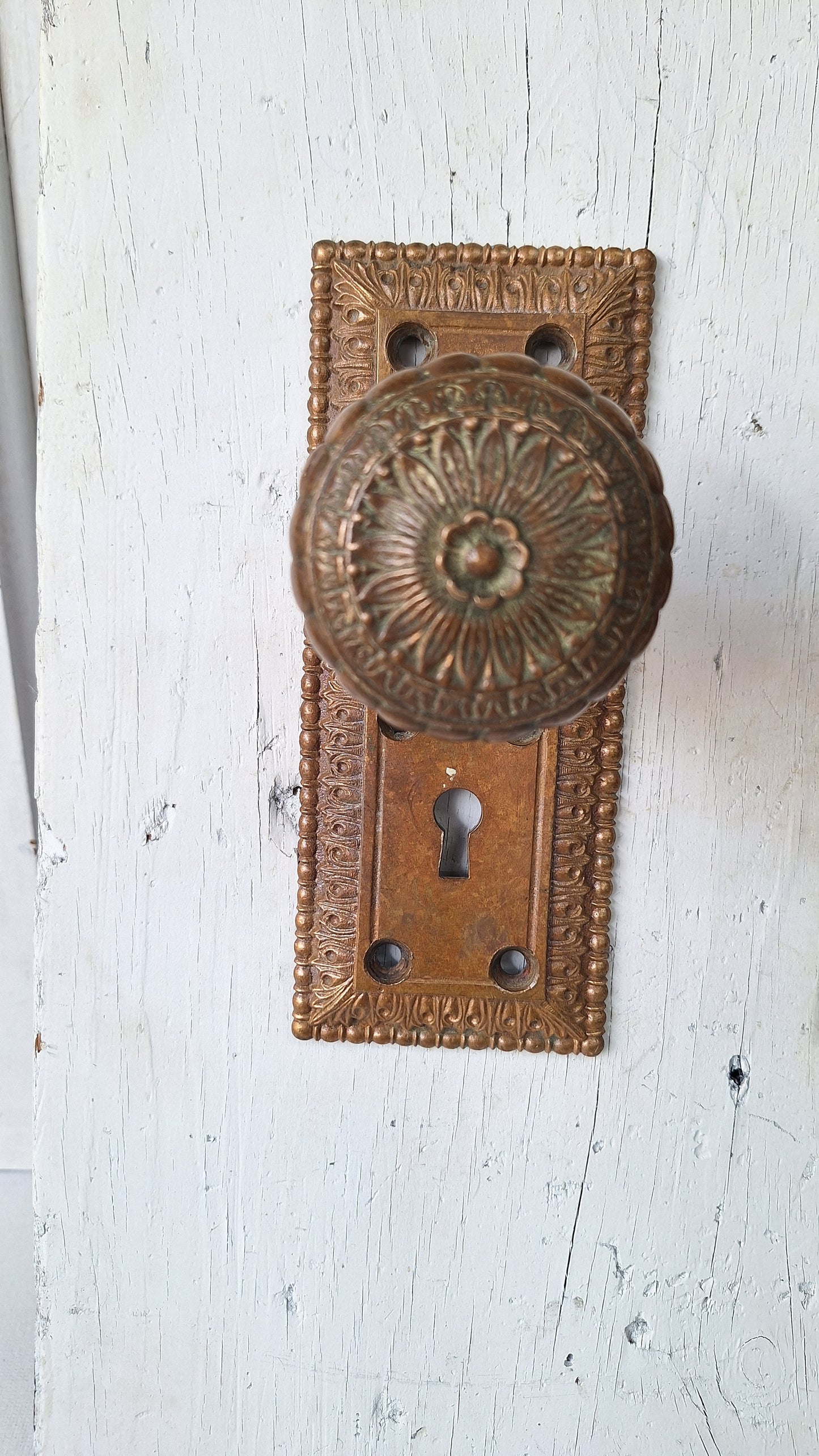 Cast Bronze Flower Doorknob and Plate Set, Ornate Antique Door Hardware