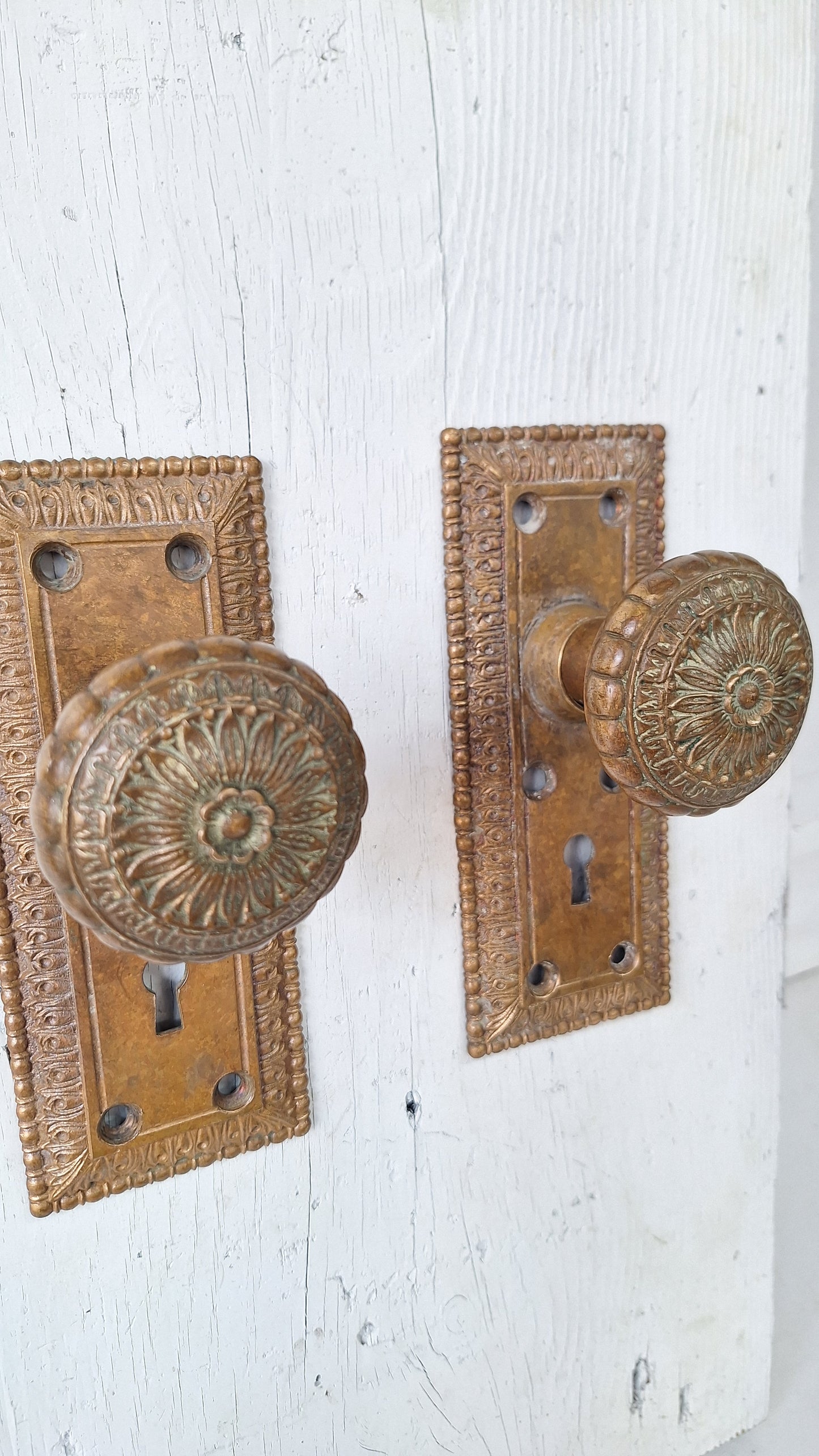 Cast Bronze Flower Doorknob and Plate Set, Ornate Antique Door Hardware