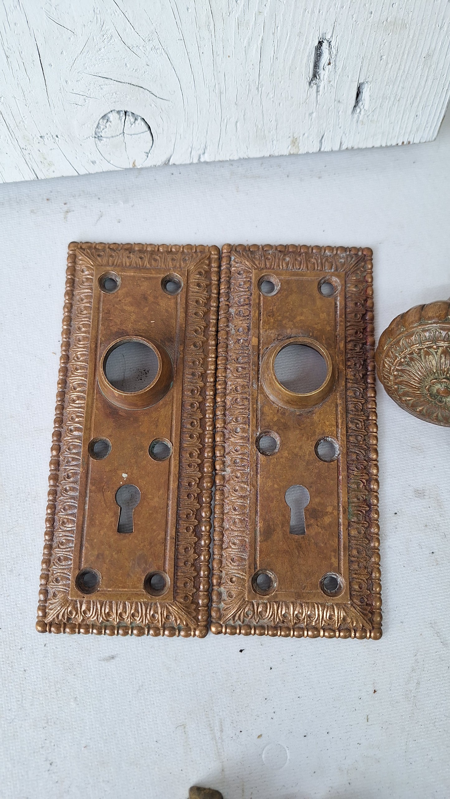 Cast Bronze Flower Doorknob and Plate Set, Ornate Antique Door Hardware