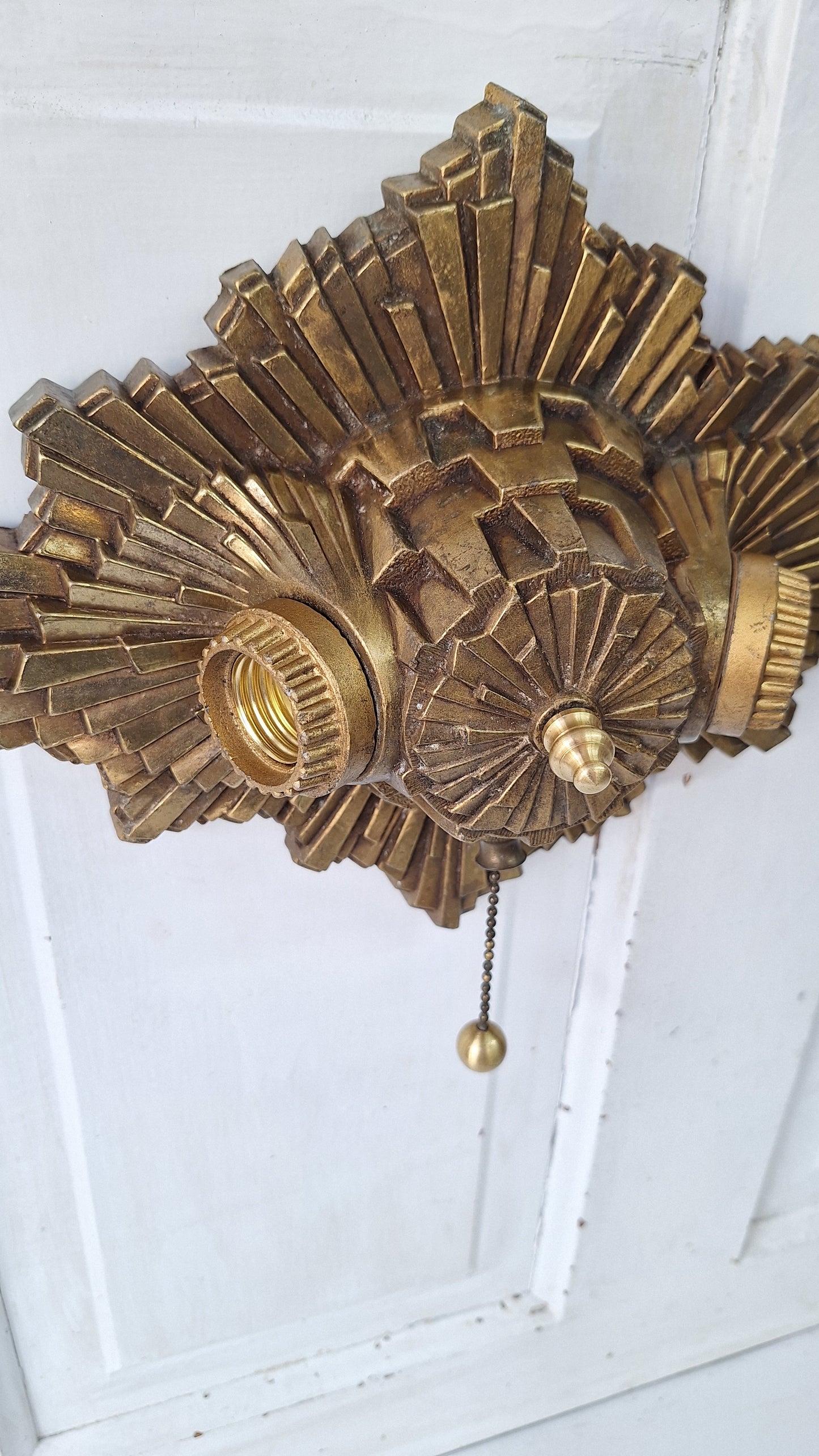 Art Deco Gold Flush Mount Light: Antique Two-Socket Ceiling Fixture