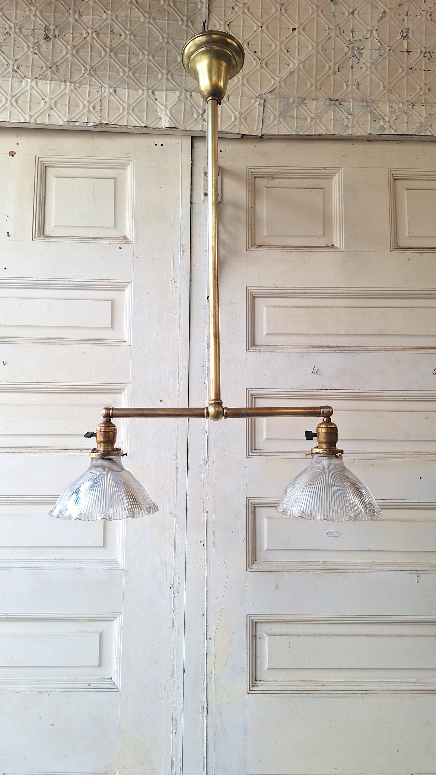 Vintage Holophane Chandelier, Brass and Prismatic Glass Light Fixture