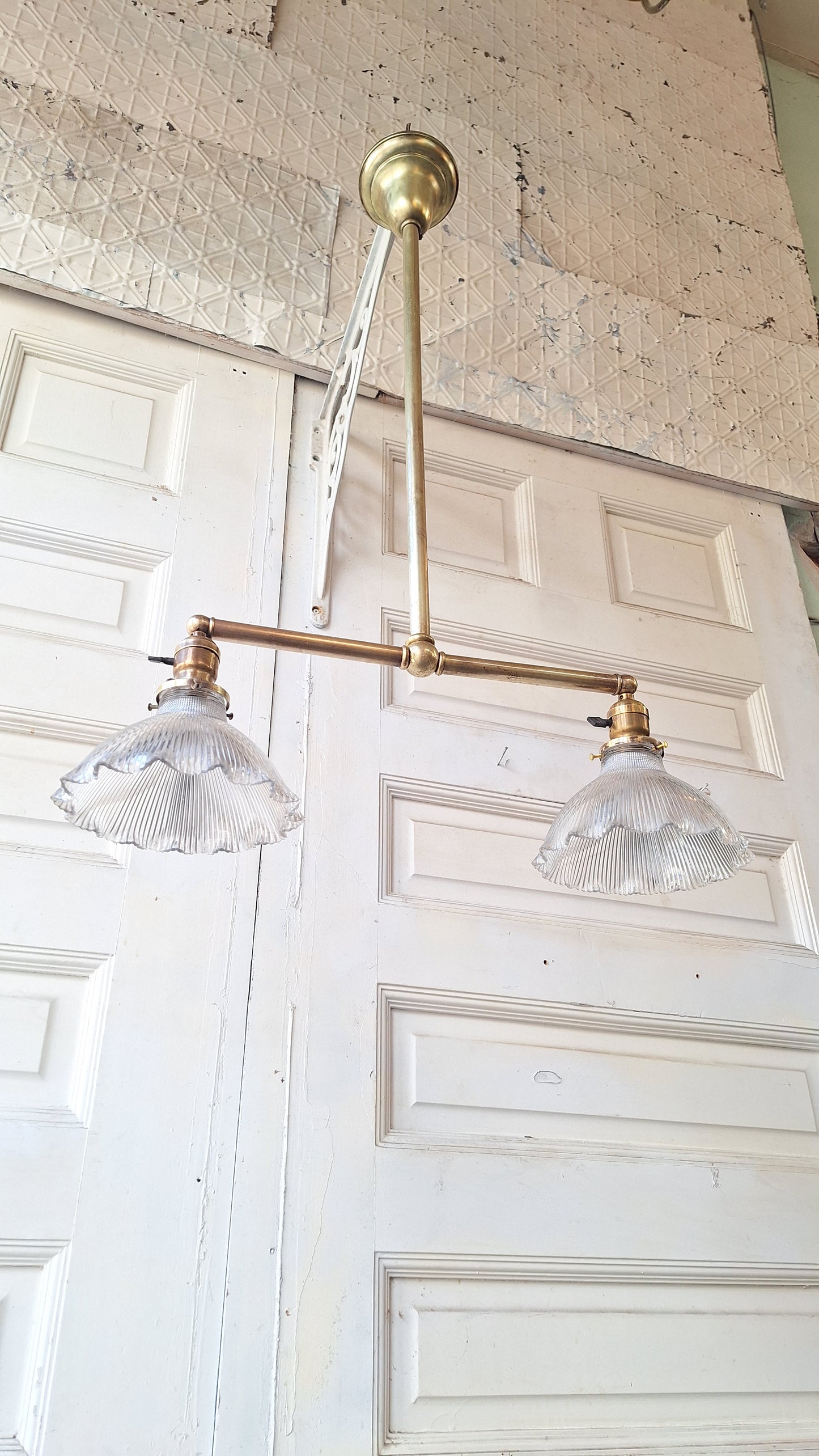 Vintage Holophane Chandelier, Brass and Prismatic Glass Light Fixture