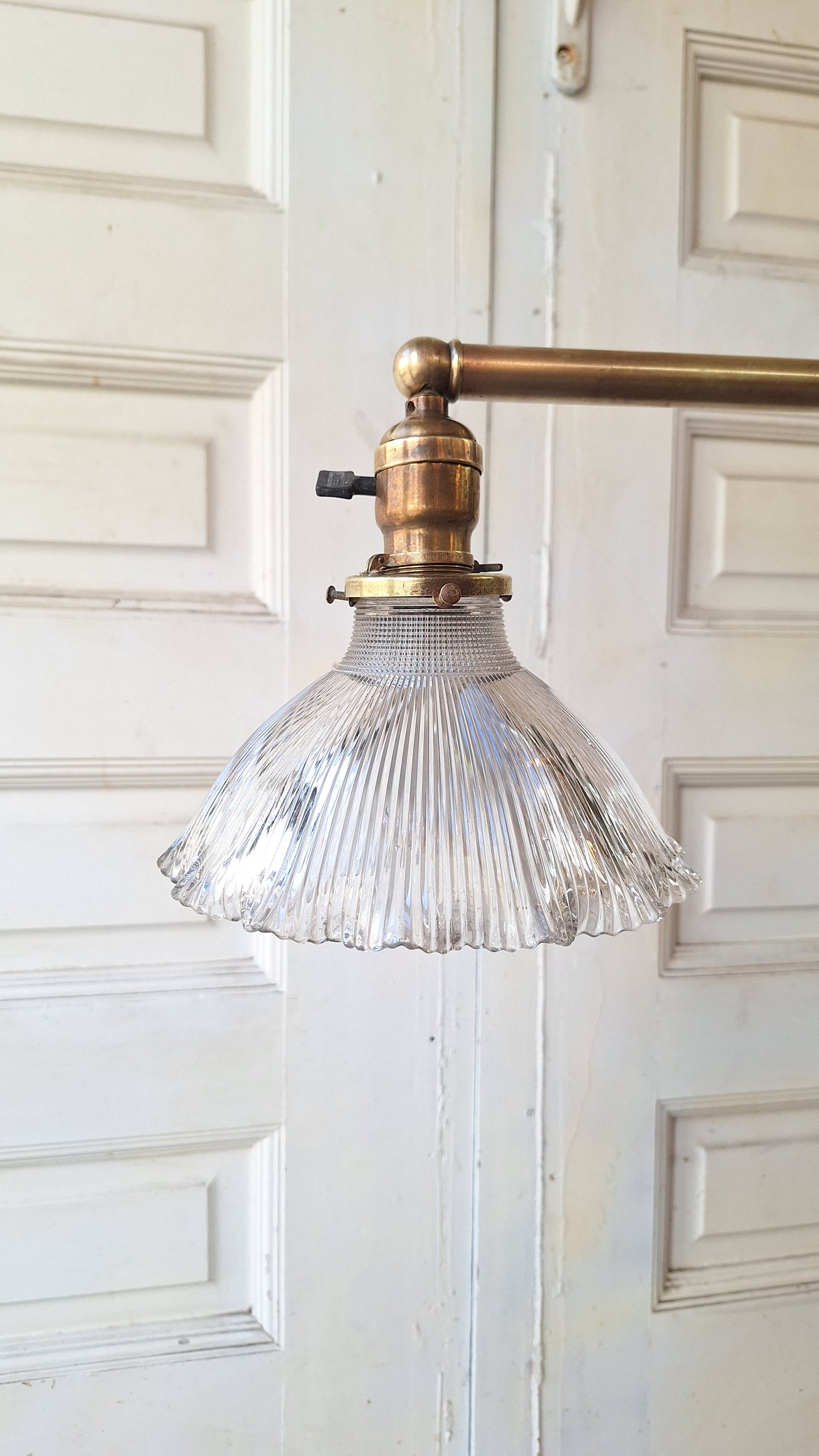 Vintage Holophane Chandelier, Brass and Prismatic Glass Light Fixture