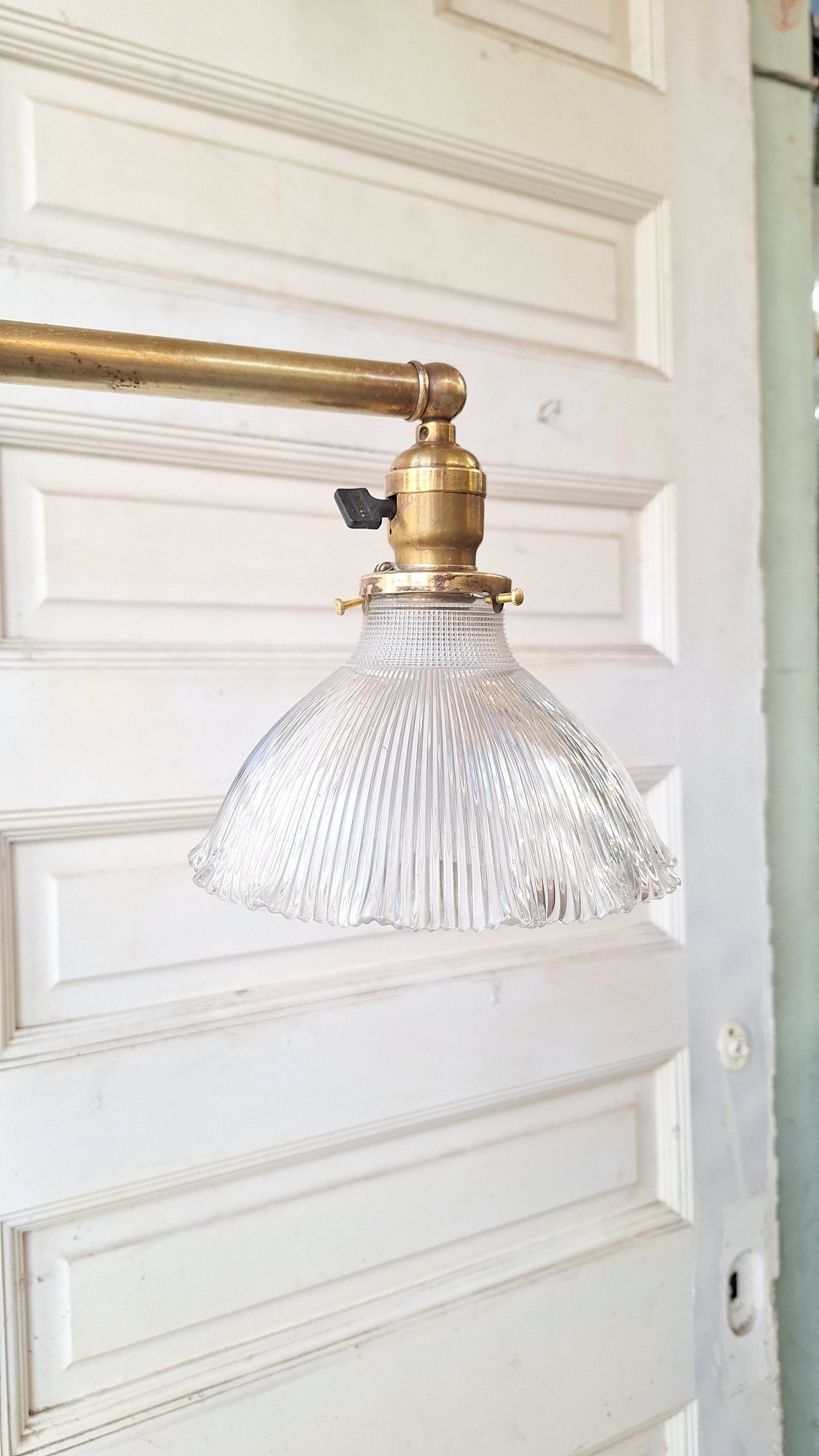 Vintage Holophane Chandelier, Brass and Prismatic Glass Light Fixture