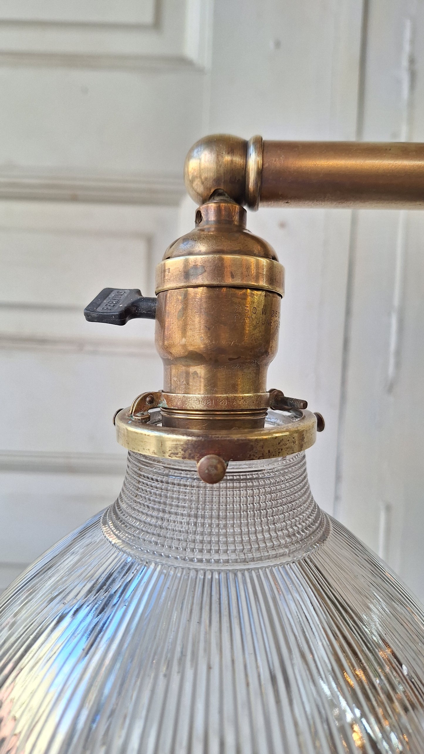 Vintage Holophane Chandelier, Brass and Prismatic Glass Light Fixture